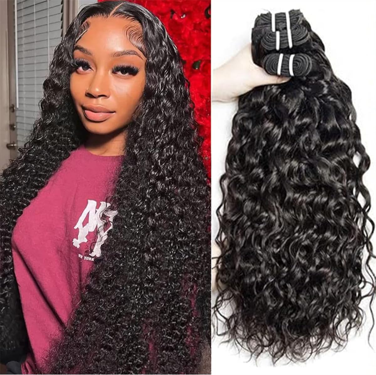 Ladiaryf Water Wave Bundles Human Hair Water Wave 3 Bundles Soft Brazilian Virgin Human Hair Bundles 100% Unprocessed Thick Wet and Wavy Hair Bundles Natural Black 300g 14 16 18 Inch