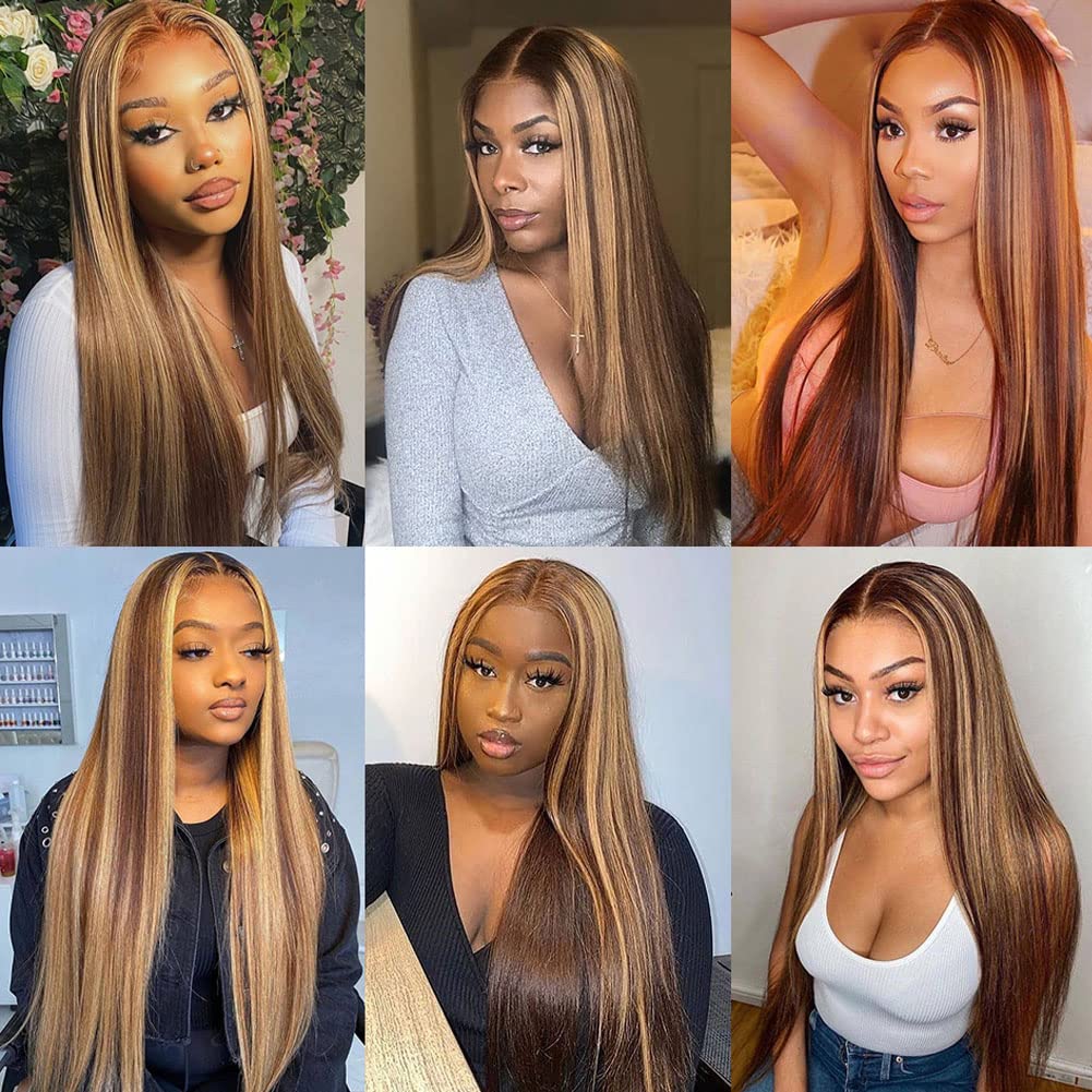 Healthair Ombre Lace Front Wigs Human hair Highlight 4/27 Honey Blonde Lace Front Wig 180% Density Straight Human Hair Wig 13x4 HD Transparent Lace Wigs for Black Women (4/27, 22inch)