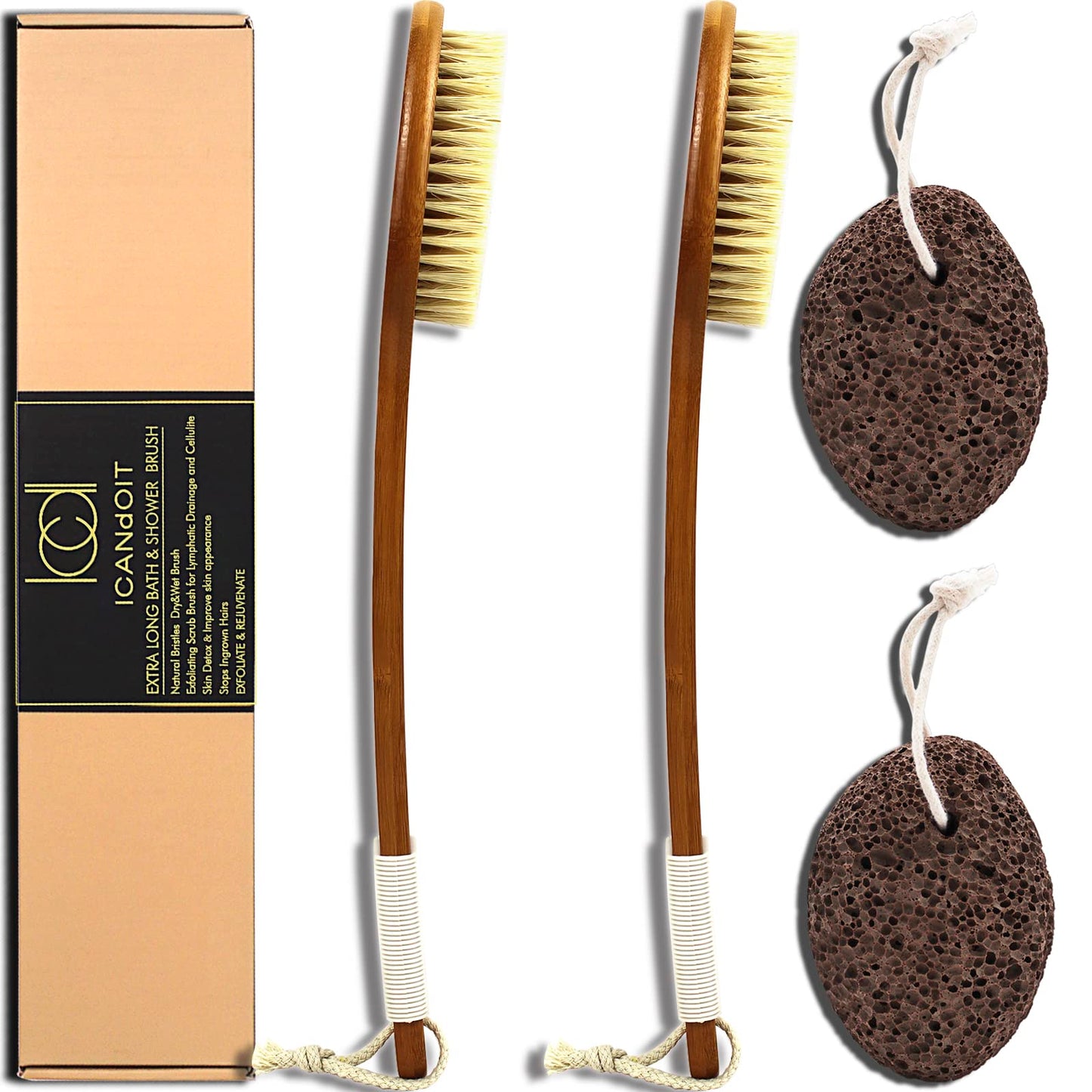 ICANdOIT-19.68Inch Natural Stiff Sisal Bristles Anti-Slip Extra Long Handle Bath Brush,Bent Handle Shower Scrubber for Exfoliating,Shower Back Brush,Exfoliation Set with Pumice Stone(2 Pack)