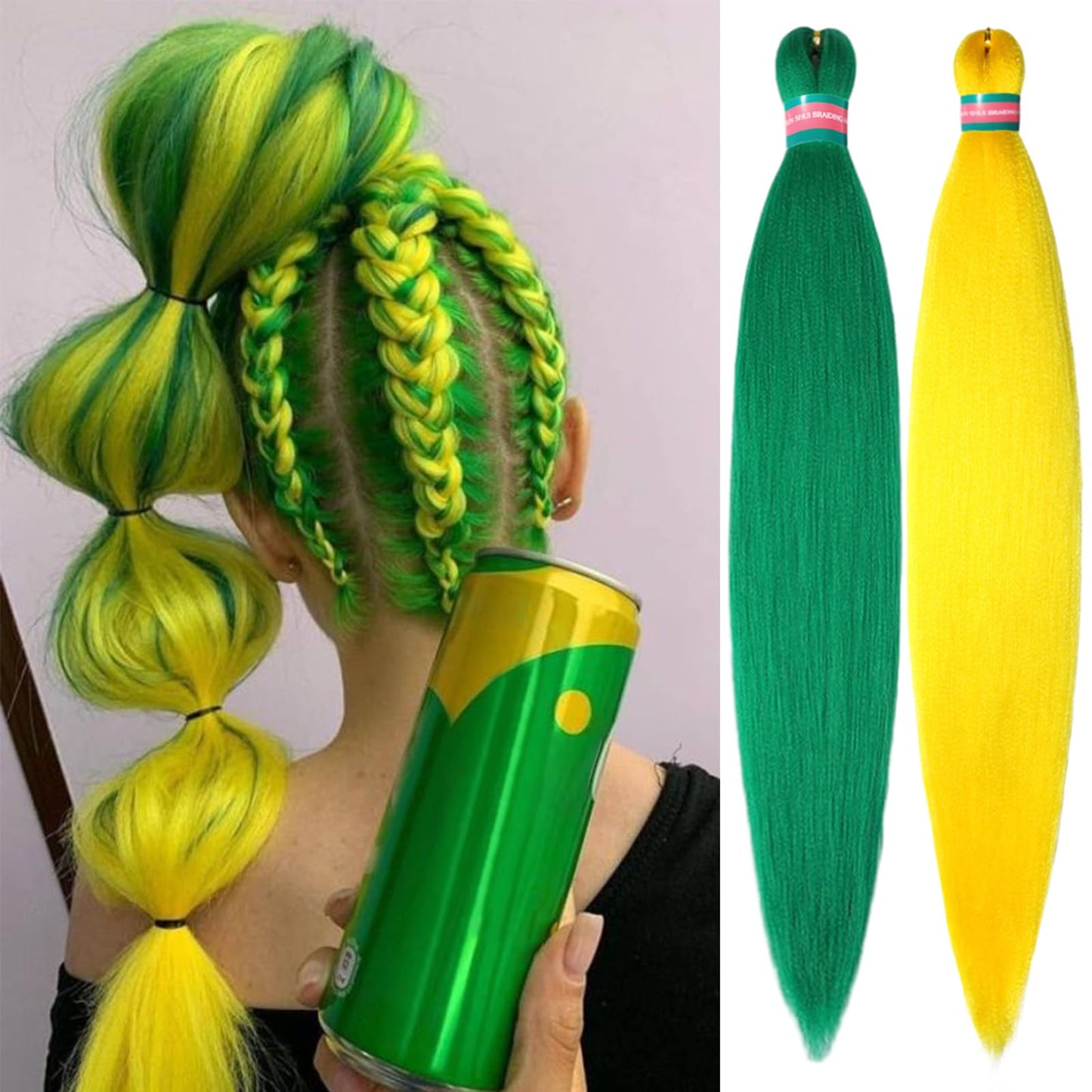 RUN SHUI Green+Yellow Pre stretched Braiding Hair 2 Packs Pre feathered Braid Hair Extensions 30 Inches Hair Braids