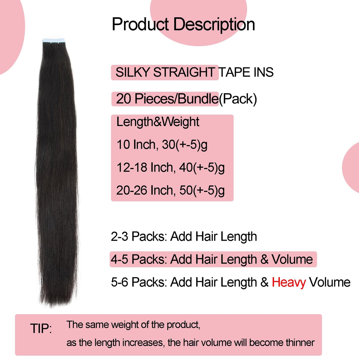 FEIPRO Silky Straight Tape ins Human Hair Girls Tape in Hair Extensions Human Hair Invisible Tape ins Seamless PU Skin Weft Soft Natural Black Long Hair Extension 24Inch 50g 20pcs/Pack