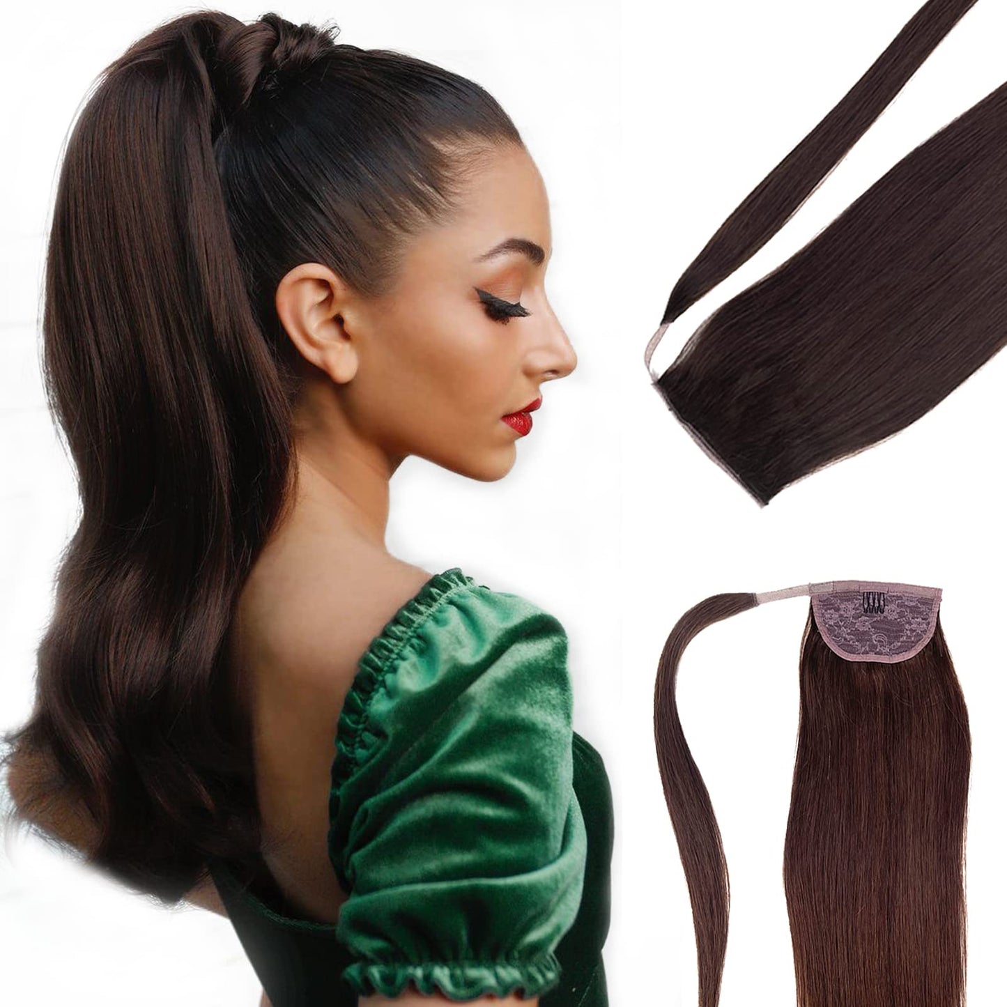 Human Hair Ponytail Extensions Dark Brown Real Human Hair Extensions Wrap Around Pony Tail Remy Human Hair Straight Clip in Pony Tail Hair Extensions 20 inch 80g