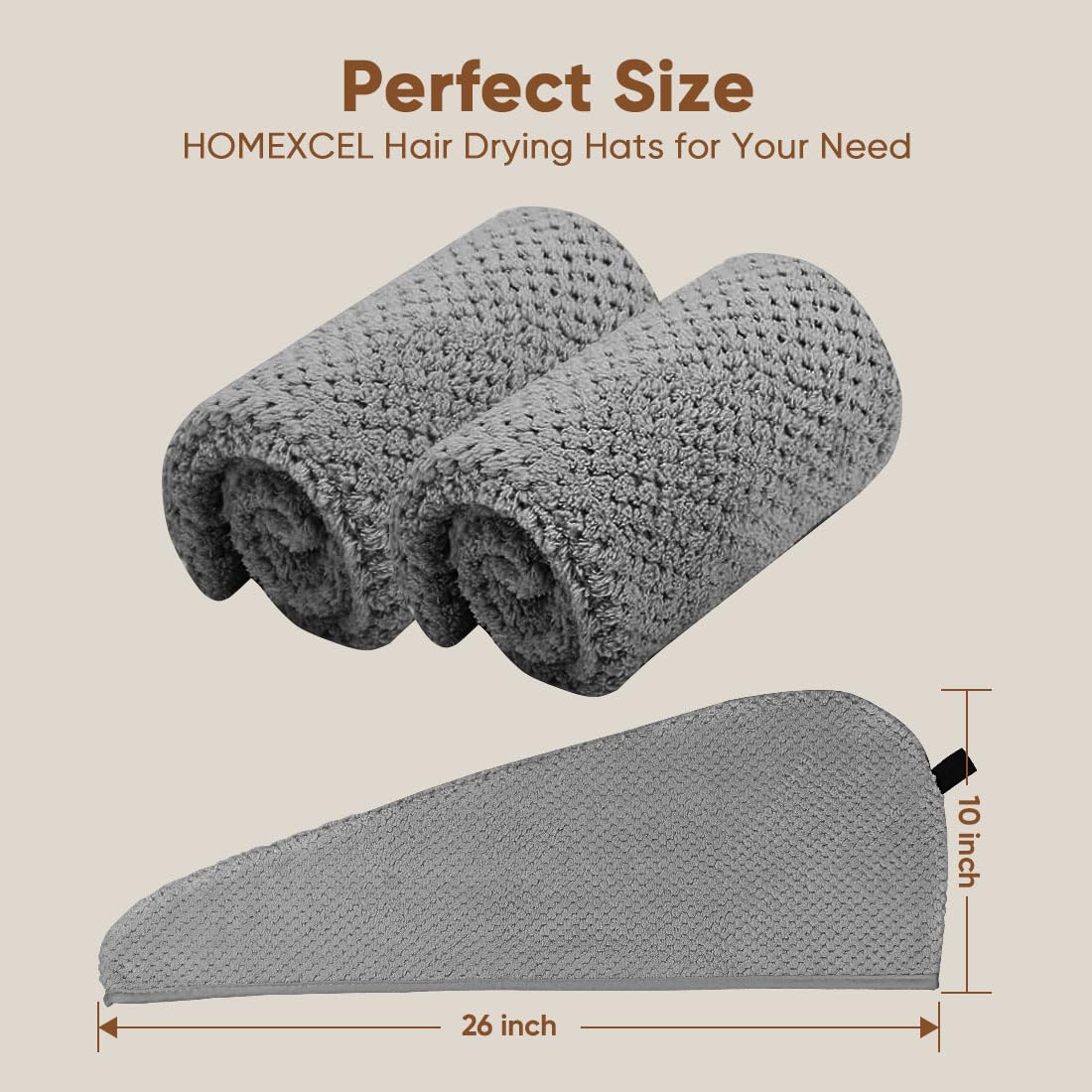 HOMEXCEL Microfiber Hair Towel Wrap, 2 Pack Hair Turbans for Wet Hair, Super Absorbent Dry Hair Towel Wrap for Curly Hair, Anti Frizz Microfiber Towel for Women, 26 x 10 inch, Grey