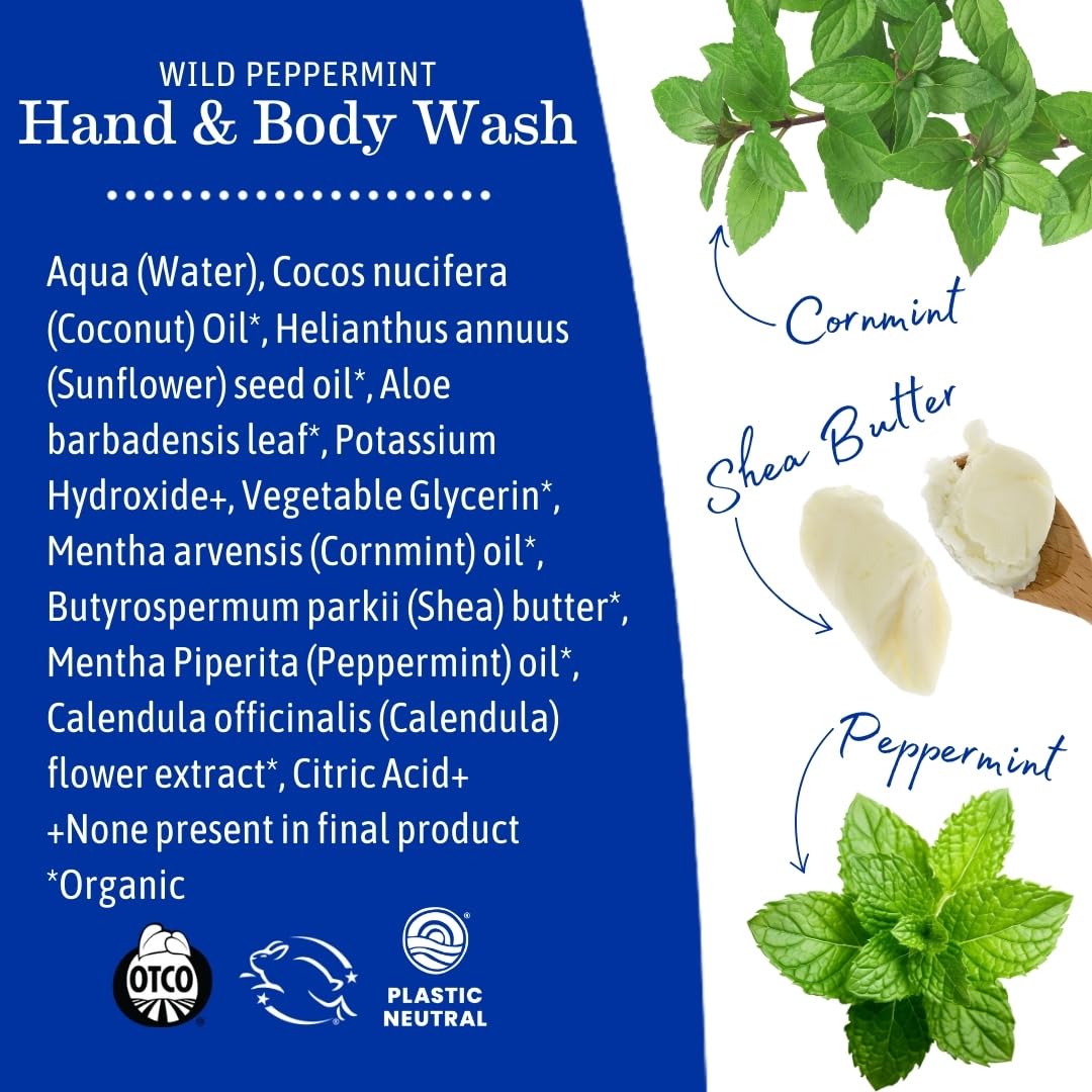 Earth Mama Wild Peppermint Hand & Body Wash | Foaming Castile Soap Liquid and Hand Soap, Made with Organic Wild Mint & Peppermint Oil, 34 fl oz (2-Pack)