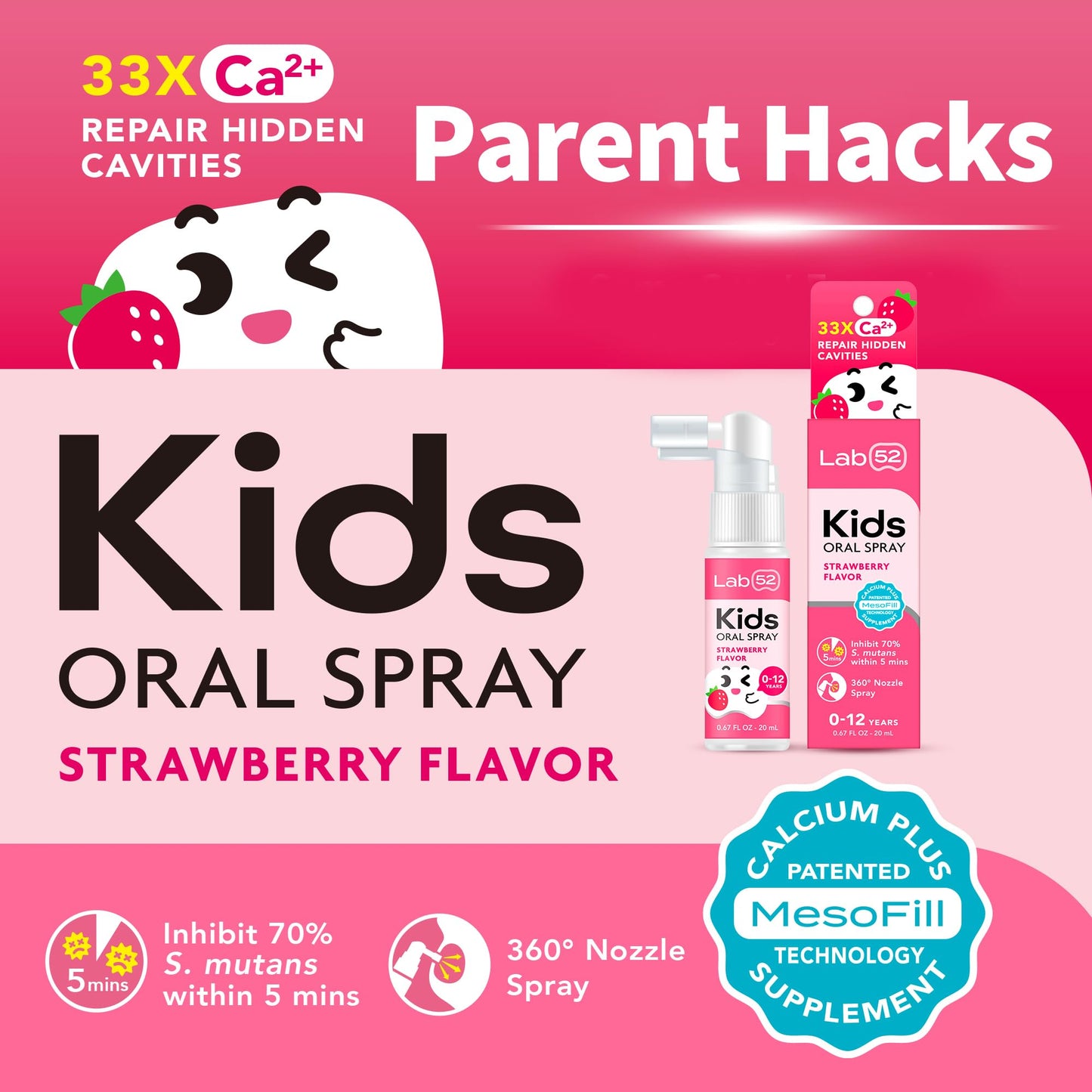 LAB52 Kids Oral Spray Gift Box, Toddler Toothpaste Helper for Cavity Repair and Fresh Breath, Children Anticavity with Fluoride Free for Newborn to Preschoolers, Xylitol Strawberry Flavor (3 Packs)
