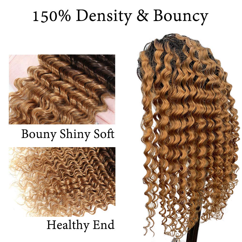 Glueless Headband Human Hair Wigs Deep Wave Ombre Natural Black to Strawberry Blonde Highlight No Lace Front Wigs 14 inch 150% Density Full Ends for Black Women with Pre-attached Scarf 1b27 Colored