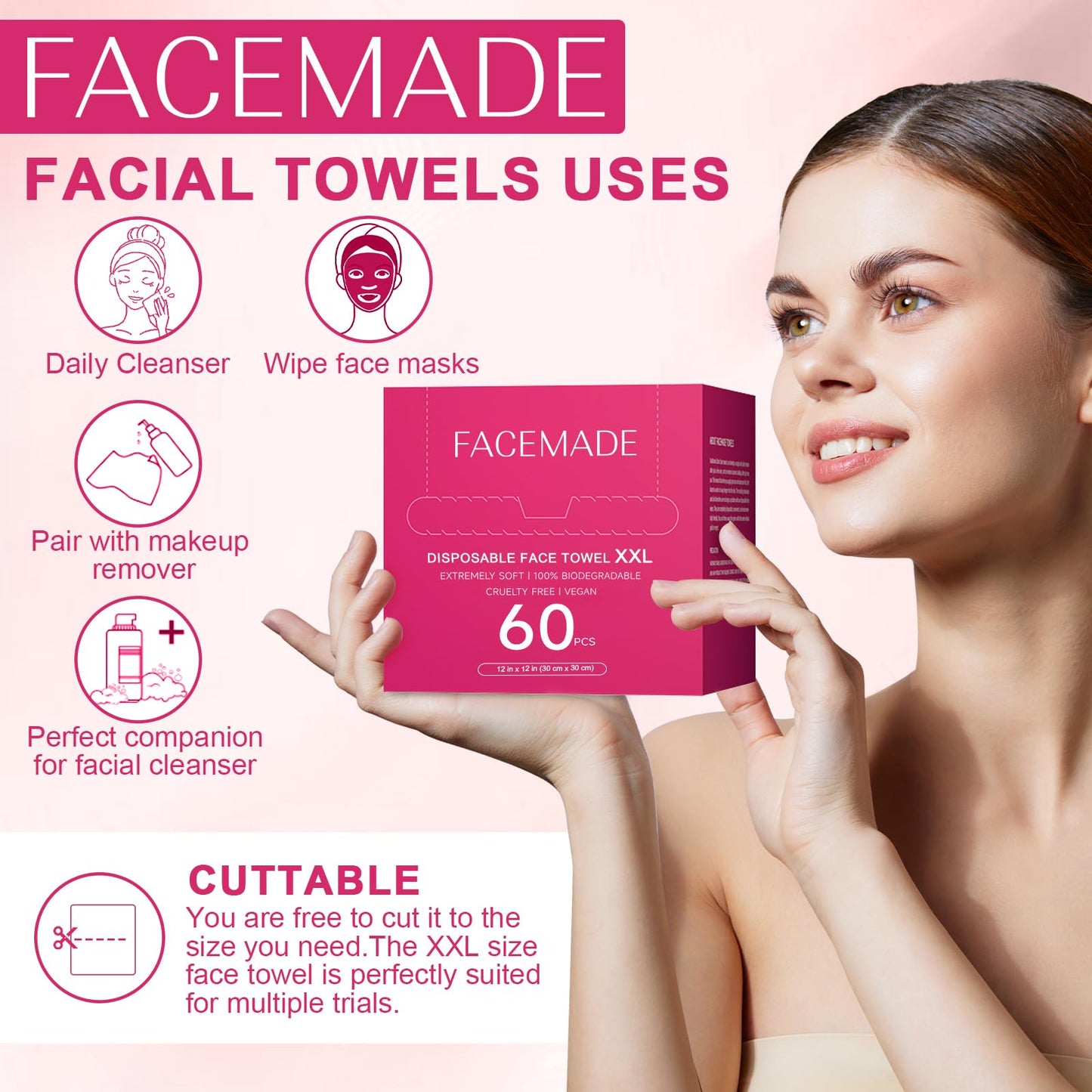 FACEMADE 60 Ct Disposable Face Towels XXL, Face Towelettes for Makeup and Clean, Super Soft and Thick Dry Wipes, USDA Certified 100% Biobased, Rose