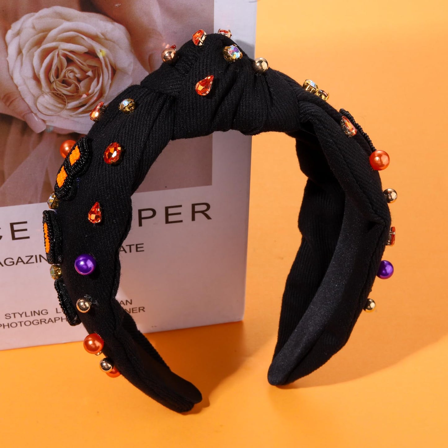 Halloween Headbands for Women Halloween Accessories Beaded Boo Trick or Treat Knotted Headband Embellished Rhinestone Pearl Top Knot Headbands Halloween Costume Party Hair Accessory Gifts (Black BOO