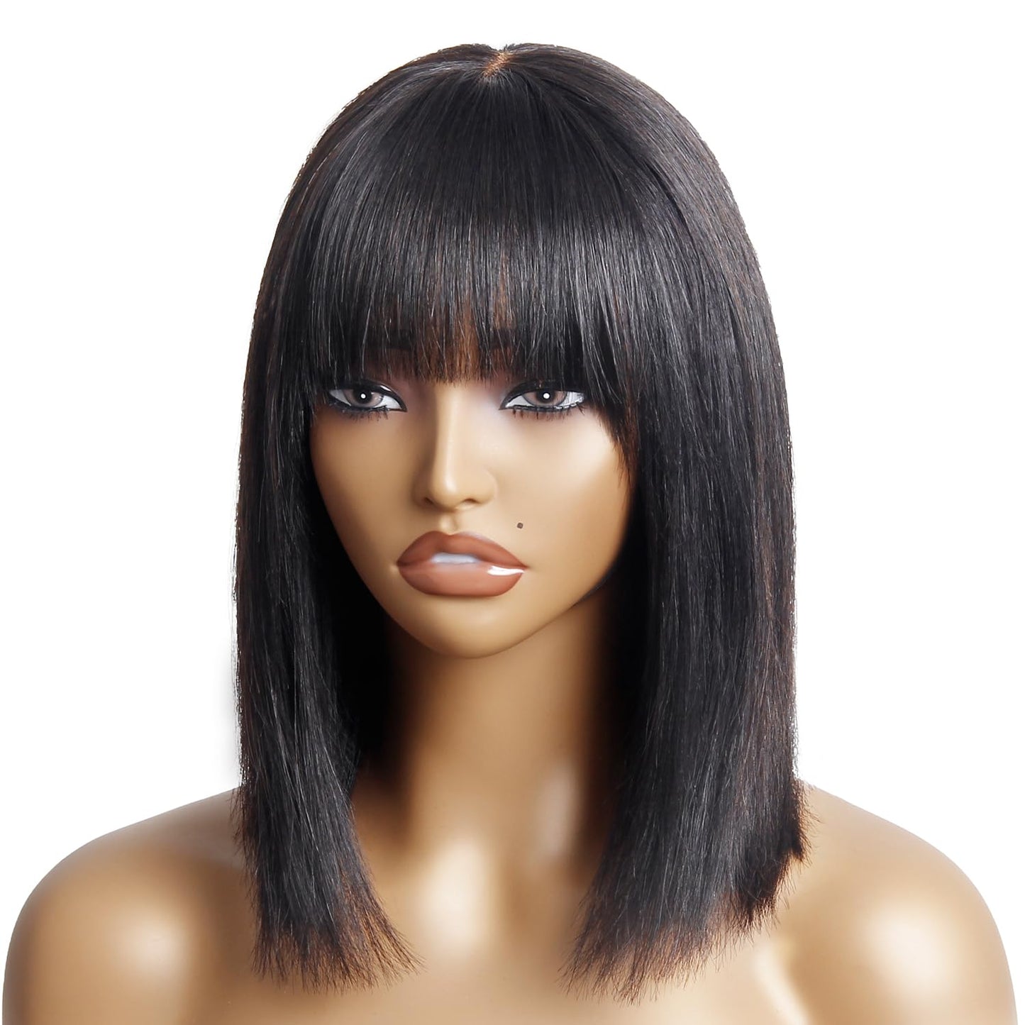 HAIRHOBBY Wigs With Bangs Human Hair, 12 IN Realistic Look Natural Straight 2x1 HD Lace Glueless Bangs Wigs For Woman, Wear And Go Brazilian Virgin 180% Density Short Blunt Cut Wigs