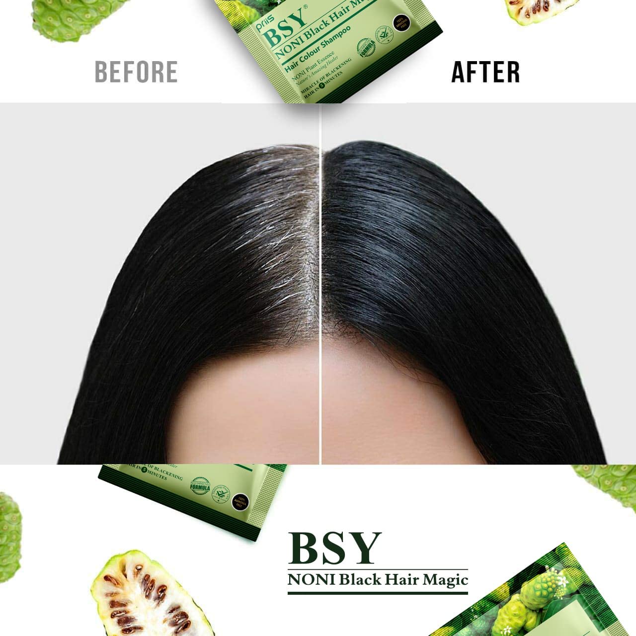 BSY Noni Black Hair Magic Hair Color Shampoo - Ammonia Free, Natural Black Permanent Hair Dye for Men and Women, 4 Sachets (0.67 Fl Oz each), Suitable for Gray Hair