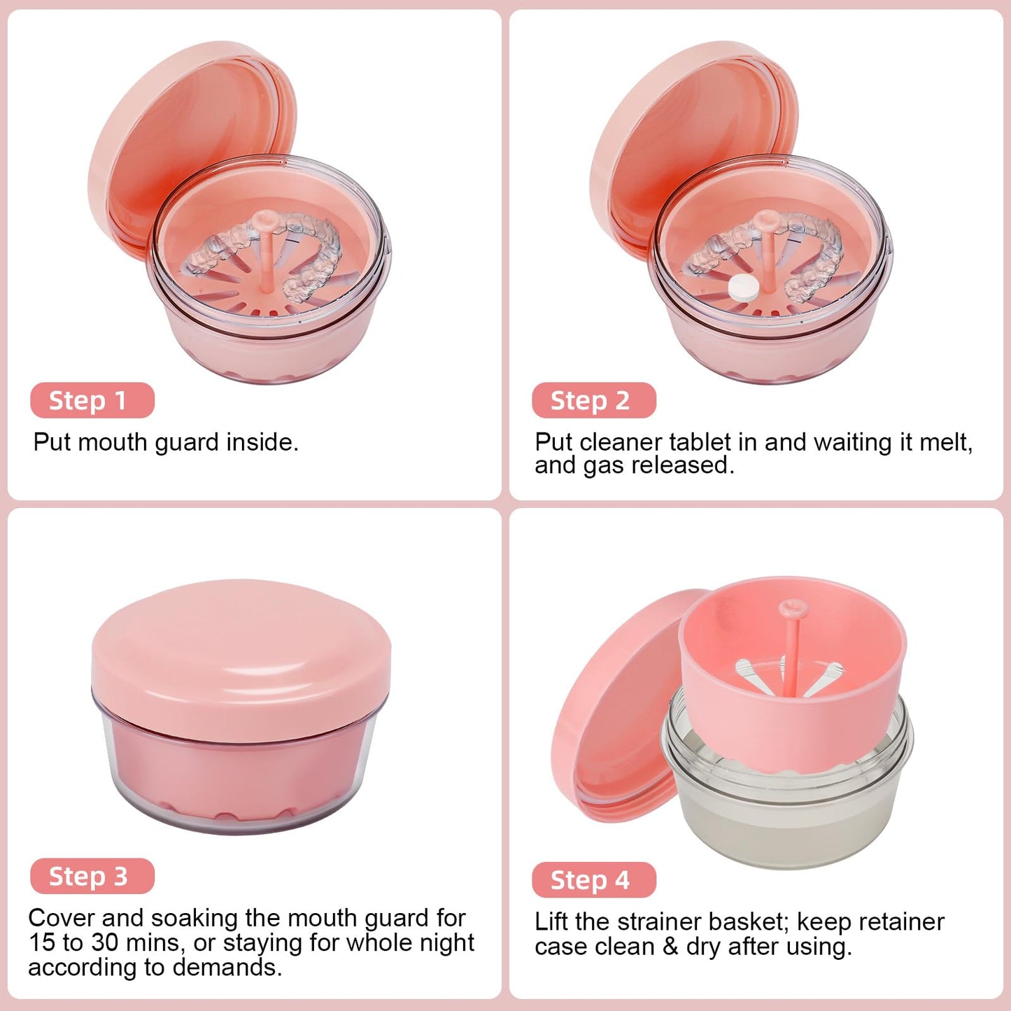 Leakproof Denture Bath Case, Denture Soak Case for Travel, Portable Denture Container Cups Box for Braces/Mouth Guard/Night Guard/Retainers, with Brush and Removal Tool – Pink