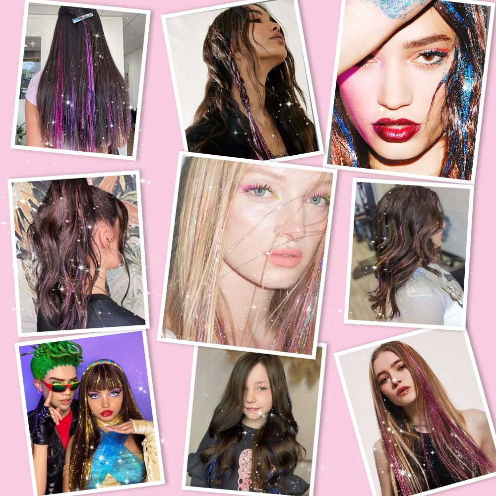 Hair Tinsel Pack of 12 Pcs Clip in Hair Tinsel 20 Inch Colorful Glitter Tinsel Hair Extensions Tinsel Fairy Hair Party Dazzle Hair Accessories Strands Kit for Women Girls Kids(12Pcs,Light Pink#)
