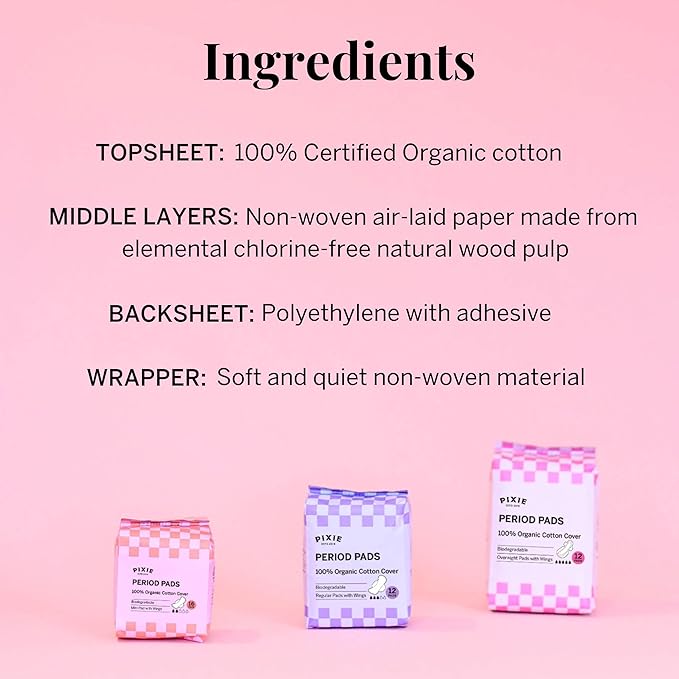 Pixie Organic Cotton Overnight Pads for Women - Extra Heavy Absorbency with Wings - Leak-Proof, Hypoallergenic & Unscented - Compostable, Biodegradable - 12 Count