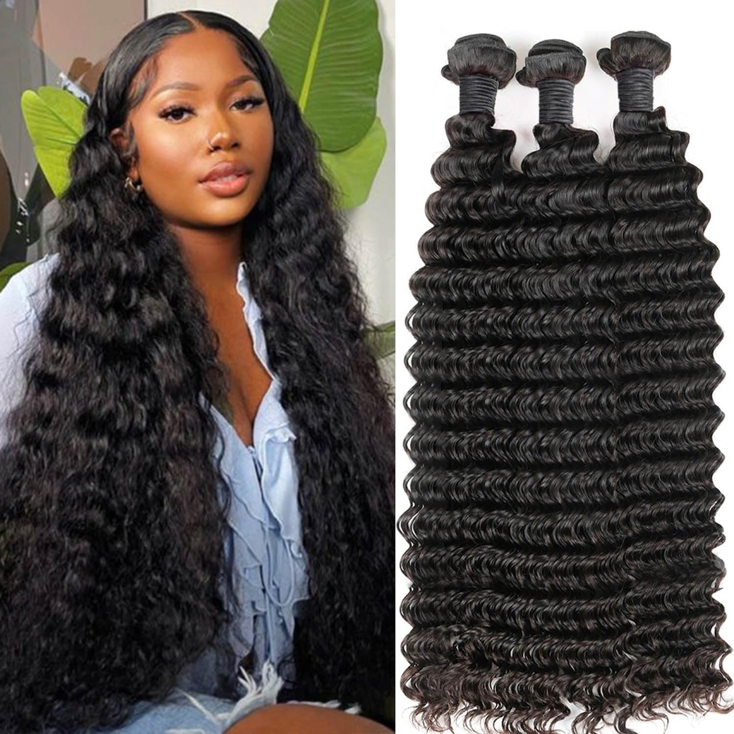 lianlian Deep Wave Bundles Human Hair Weave Brazilian Virgin Hair Wet And Wavy Bundle 12A Grade Unprocessed Human Hair Extensions Natural Black 3 Bundles Deep Curly 14 16 18Inch