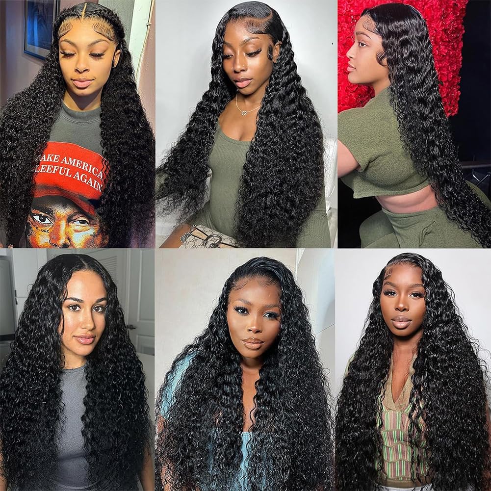 GMNSTAR 13x6 Deep Wave Lace Front Wigs Human Hair Pre Plucked 20 Inch HD Transparent Lace Frontal Curly Wigs Human Hair 200 Density Glueless Deep Curly Human Hair Wigs For Women Natural Black