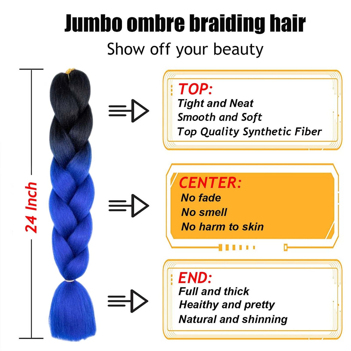 TENGSHUO FLY Black to Blue Braiding Hair 6 Packs Synthetic Braid Hair Extensions Jumbo Ombre Braiding Hair 24 Inch or Box Braids Twist Crochet Braids(24"6Pack,Black to Blue)