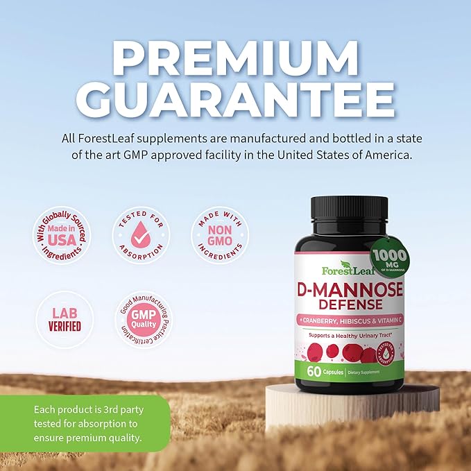 ForestLeaf D Mannose 1000mg Capsules - D-Mannose with Cranberry, Hibiscus & VIT C, Urinary Tract Health for Women and Men, Organic DMannose Pills for UTI, Urinary Health & Bladder Support 60 Capsules