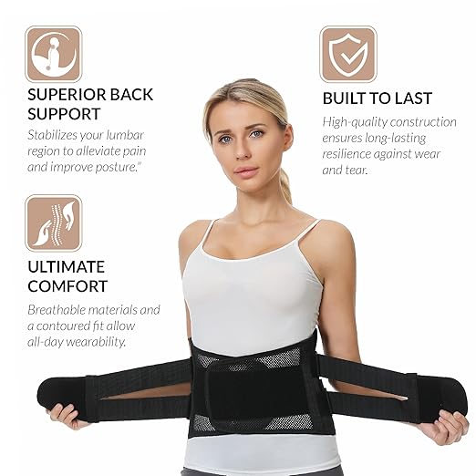 NeoTech Care Adjustable Double Pull Lumbar Brace/Lower Back Belt (Black, Size S)