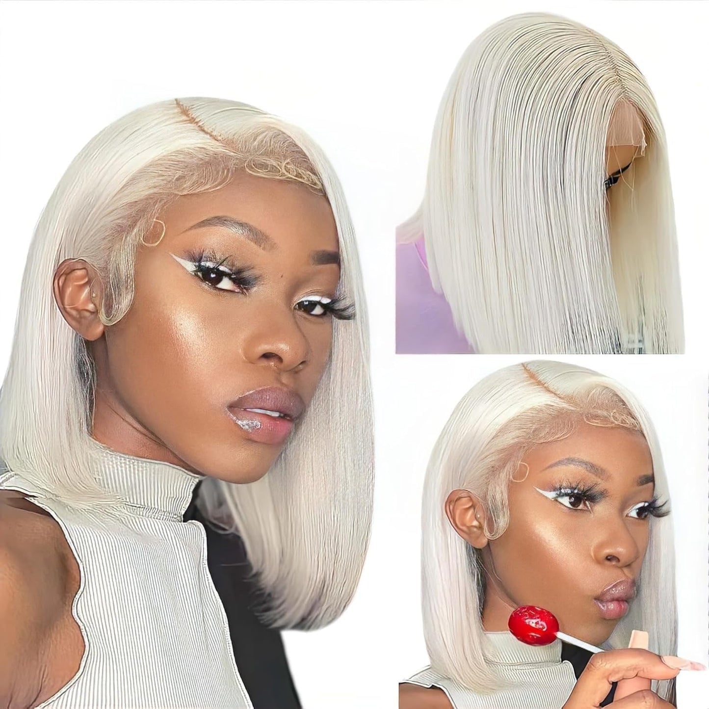Fashion Ash White 60# Short Bob Human Hair Wig Platinum Blonde Straight Lace Front Wigs Human Hair Pre Plucked With Baby Hair 180% Density 613 Bob Lace Frontal Wigs Human Hair for Women 10inch