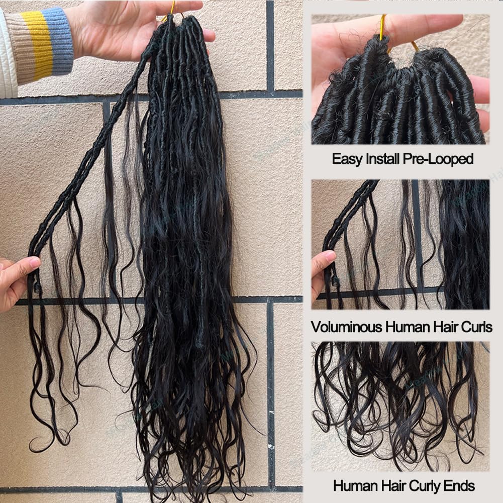 Meadow hair Boho Faux Locs Human Hair Curls Crochet Bohemian Braids Human Hair Knotless Pre Looped Synthetic Goddess Braids With Human Hair Curly Ends Body Wave For Braiding 22Inch 24Locs