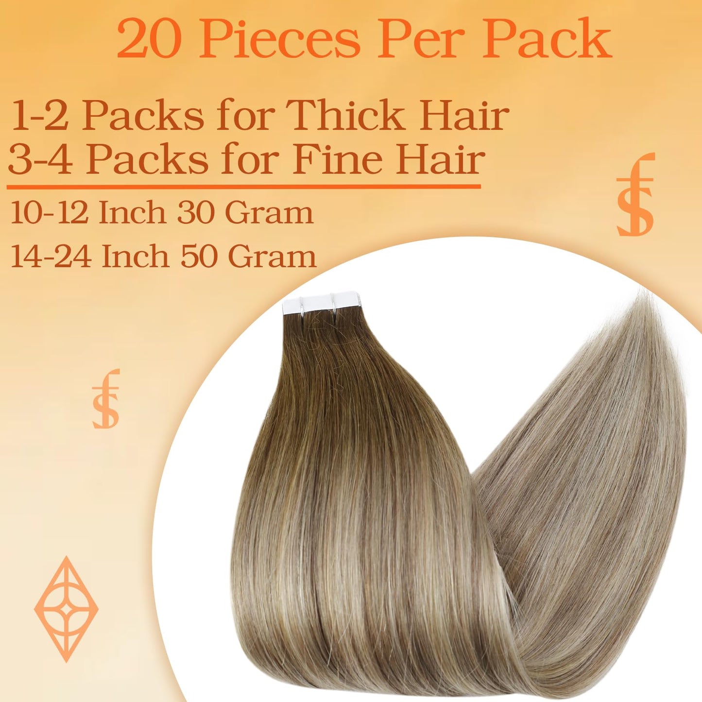 Full Shine Tape in Hair Extensions 20 Inch Human Hair Tape Hair Extensions Balayage Color 3 Dark Brown Fading to 8 and 22 Blonde Highlighted Glue in Hair Extensions 50 Grams 20Pcs