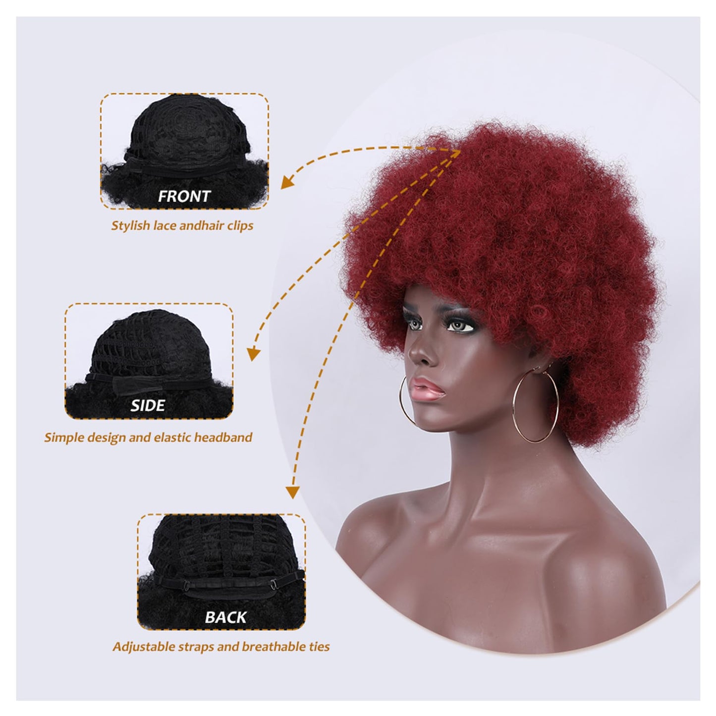 Kavsni Wig 70's Curly Wigs for Black Women Large Bouncy Fluffy and Soft Natural Looking Afro Kinky Wig 8 Inches (Red)