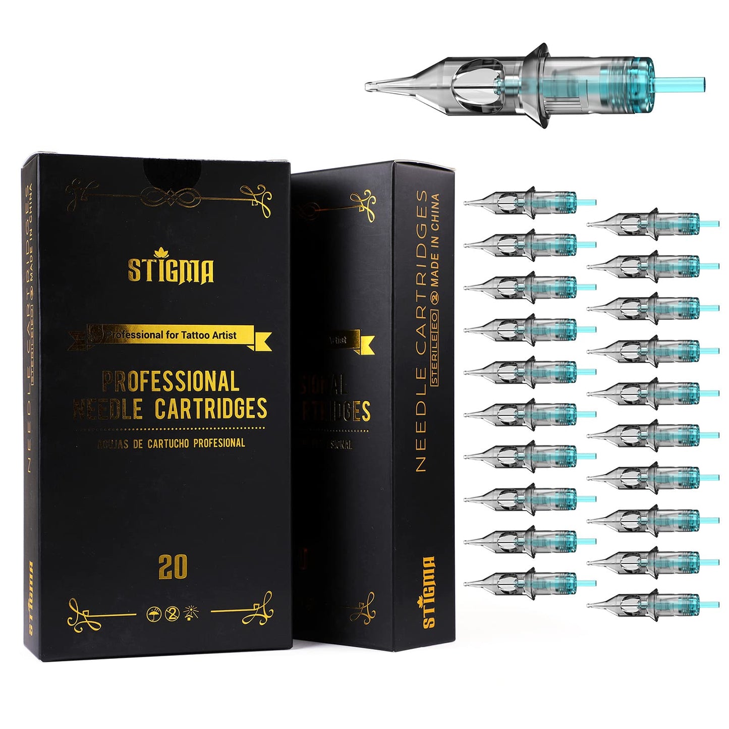 STIGMA Aquamarine Knight Tattoo Cartridges #12(11RS) 20Pcs Round Shader 0.35mm Standard M-Taper Disposable Tattoo Needle Cartridges with Membrane EN02B-20-1211RS