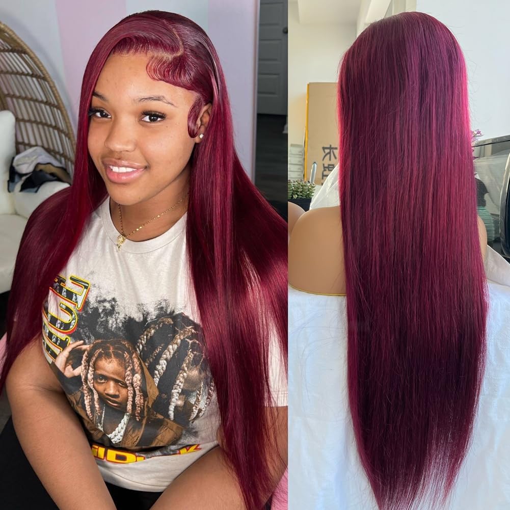 ELENINE 99J Burgundy Lace Frontal Wig Human Hair Straight Pre Plucked with Baby Hair for Black Women 13x4 Lace Front Human Hair Wig Brazilian Remy Hair (99j 13x4 Lace Front Wig Straight, 18 inches)