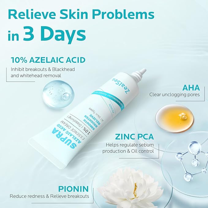 ZealSea Azelaic Acid 10% Facial Cream for Redness Relief Face Skin Care, Pimple Pigmentation Blackhead, Balance Excess Sebum, Clarify Skin, Soothe Irritation,1 Oz, Pack of 2