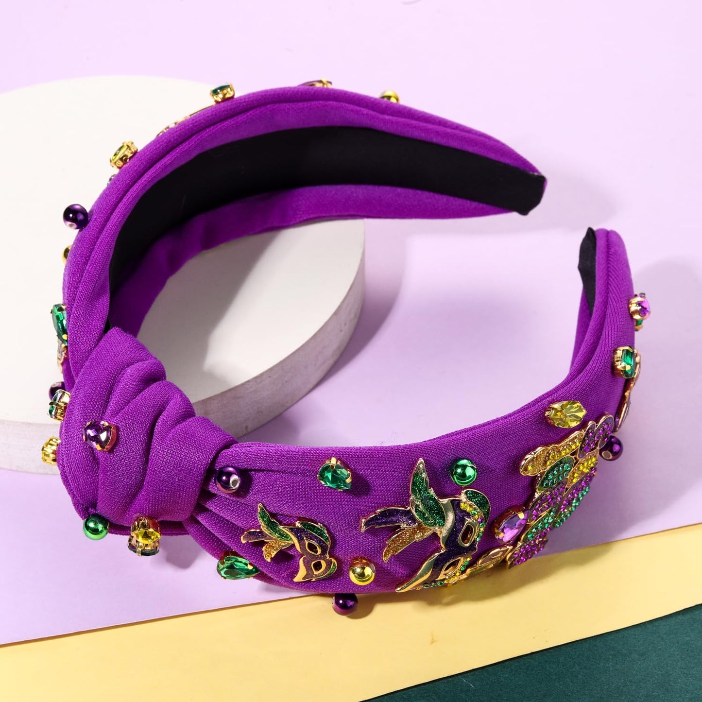 Mardi Gras Headband Accessories for Women Beaded NOLA Fleur De Lis Crown Mask Headband Jeweled Crystal Knotted Headband Fat Tuesday Carnival Parade Mardi Gras Hair Accessories Outfits (Mardi Gras 3)