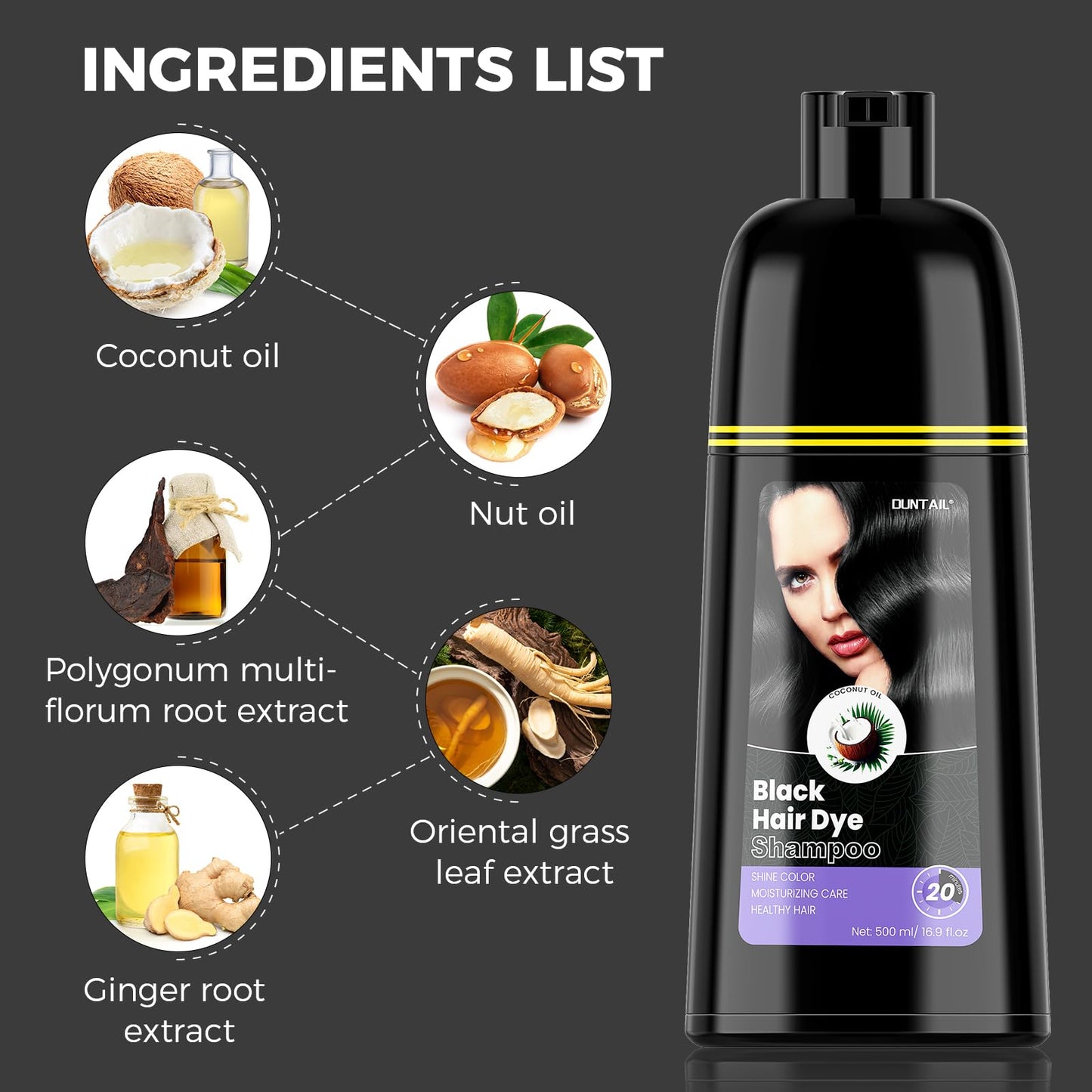 DUNTAIL Hair Dye Shampoo 3 in 1, Black, 17.6 Fl Oz - Gentle Formula for Gray Coverage, Hair Color Shampoo with Herbal Ingredients
