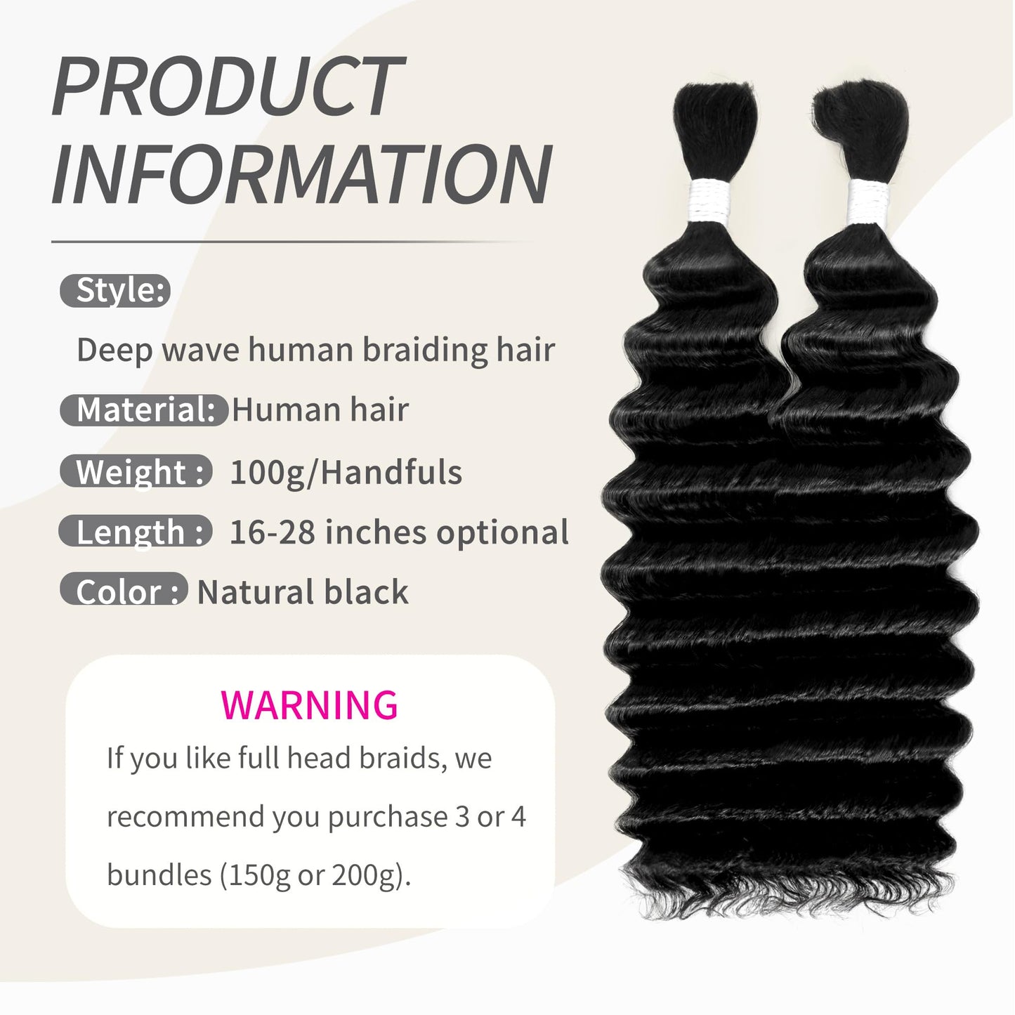 Deep Wave Bulk Human Hair for Braiding 2 Bundles 100g 24 Inch No Weft 10A Brazilian Virgin Curly Human Hair Extensions for Boho Braids Wet Wavy Human Braiding Hair (24"/100G,Black)