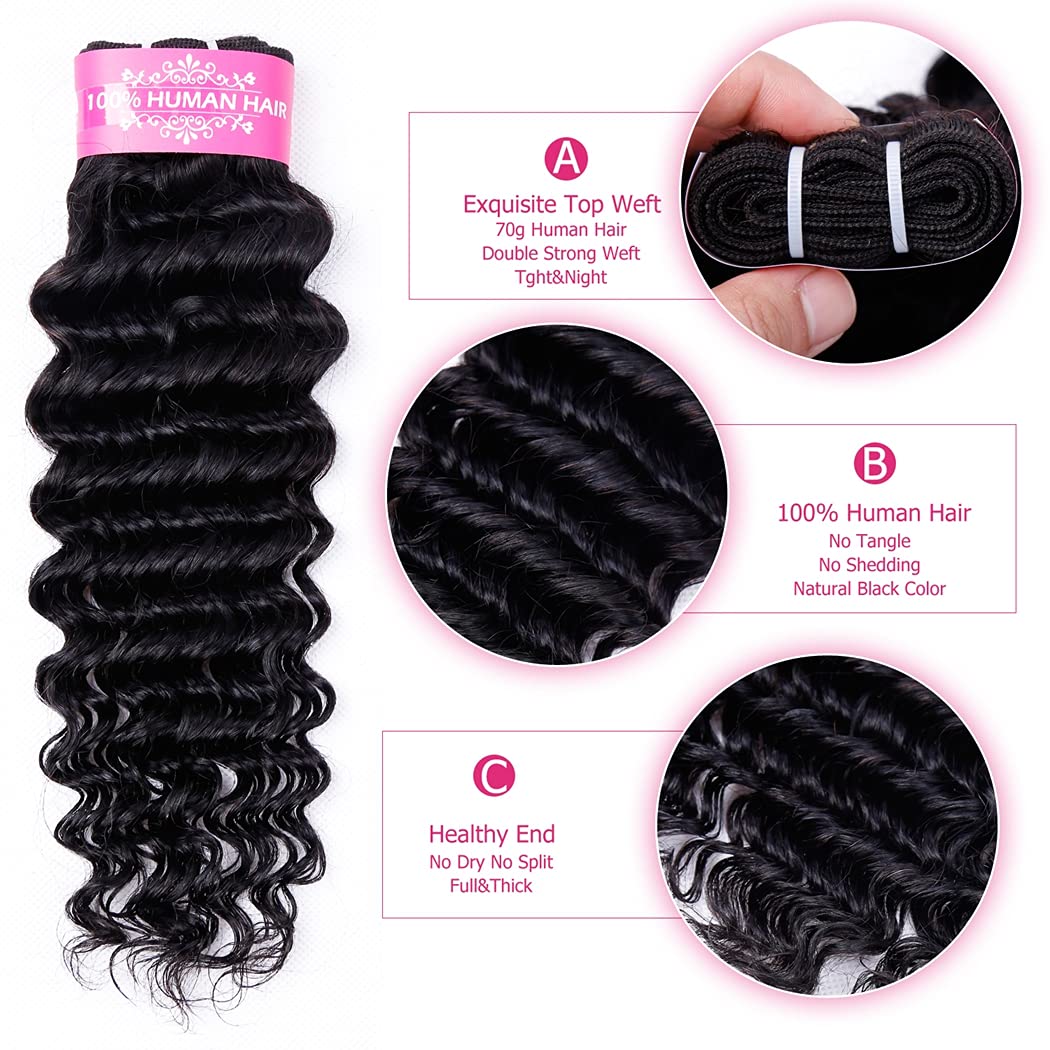 Odir Deep Wave Human Hair Bundles with Closure 10 12 14+10 Inch Unprocessed 9A Brazilian Deep Curly Wave Virgin Hair 3 Bundles with 4x4x1 T-Part Lace Closure Natural Color 70g/Bundle