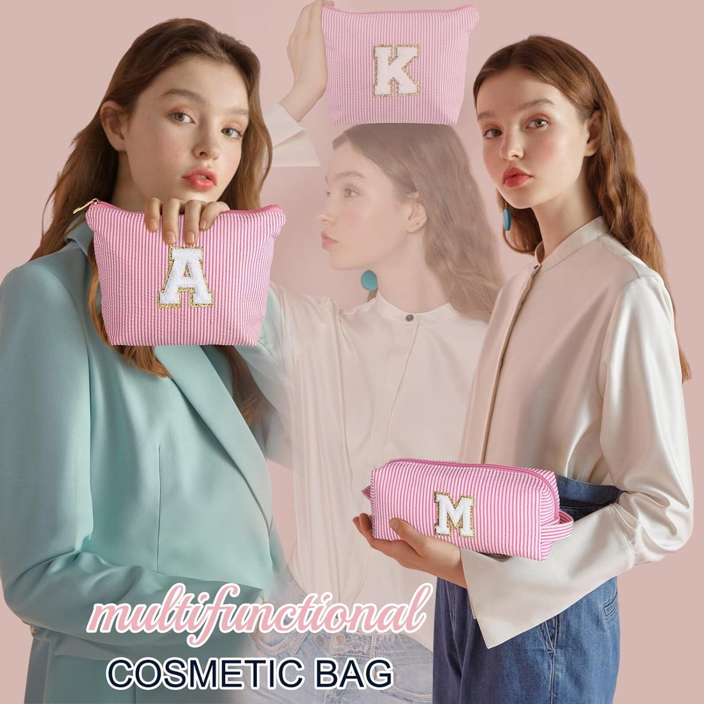 YOOLIFE Birthday Gifts for Girls - Personalized Initial Cute Pink Cosmetic Makeup Bag Pouch Make Up Bags Travel Toiletry Bag for Her Mom Girlfriend Wife Teacher 18th Birthday Gifts for Girls H