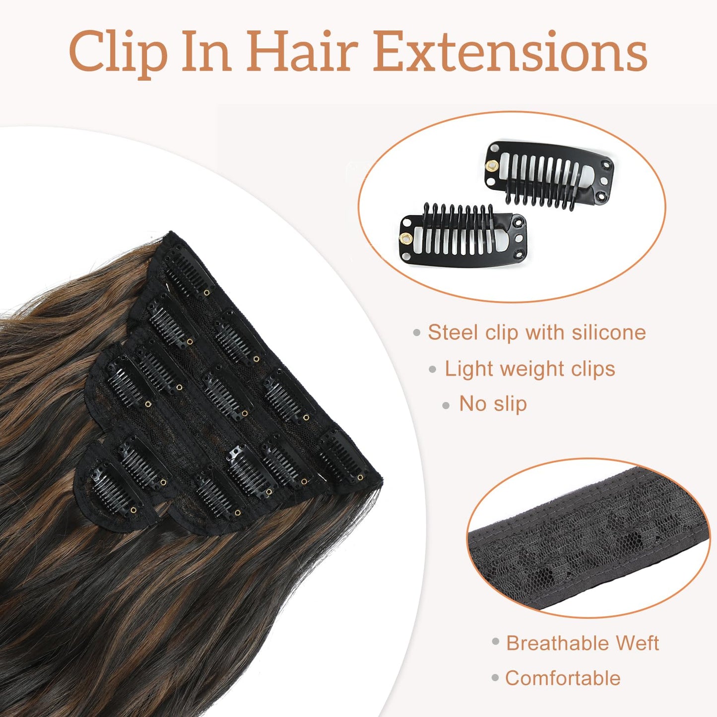 Flvaco Clip In Synthetic Hair Extensions 6PCS 20 Inch Wavy Long highlights Brown Hair Extensions Thick Clip Ins Hairpieces Double Weft Full Head For Women Extension(230G,Auburn Chestnut)