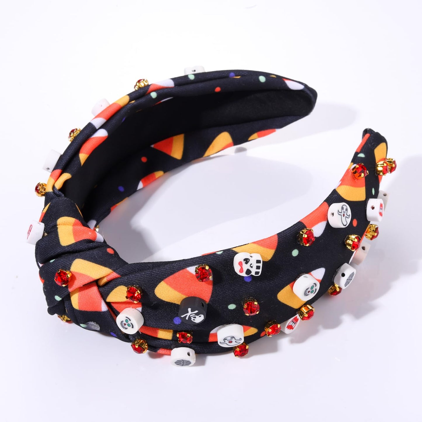 Halloween Headband Black Halloween Skull Candy Corn Print Wide Knotted Headband Accessories forWomen Rhinestone Bead Halloween Themed Charm Top Knot Headband Halloween Costume Party Hair Accessory