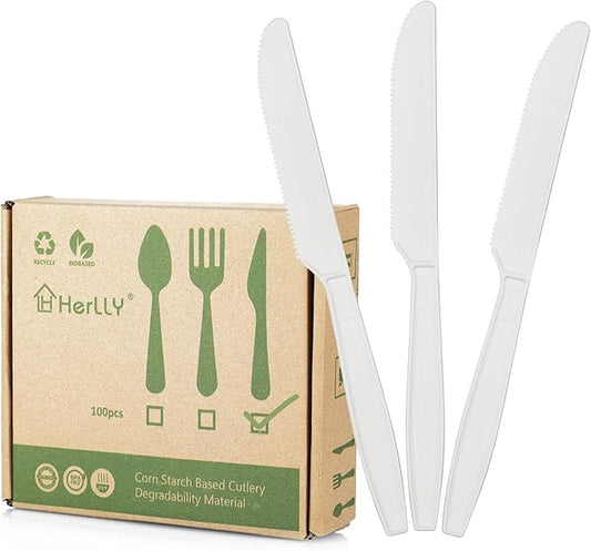 Compostable Knife,100 Biodegradable Silverware for Party, Large Disposable Utensils Eco Friendly Durable and Heat Resistant,Alternative to Plastic Knife