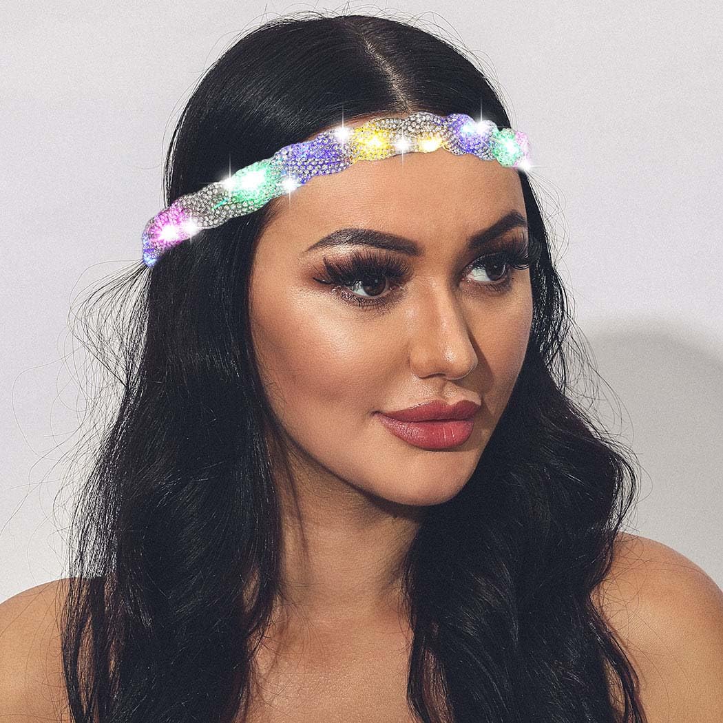 EARENT Light Up Rhinestone Headband Silver Led Crystal Headpiece Glowing Head Chain Sparkly Bridal Rave Costume Hair Accessories for Women(B-Silver)