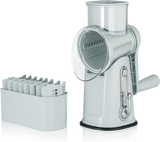5 in 1 Rotary Cheese Grater with Handle – Stainless Steel Blades, Vegetable Slicer, Shredder, Carrot & Cabbage Grater, Nut Grinder, Easy to Clean Kitchen Gadget (Light Grey)