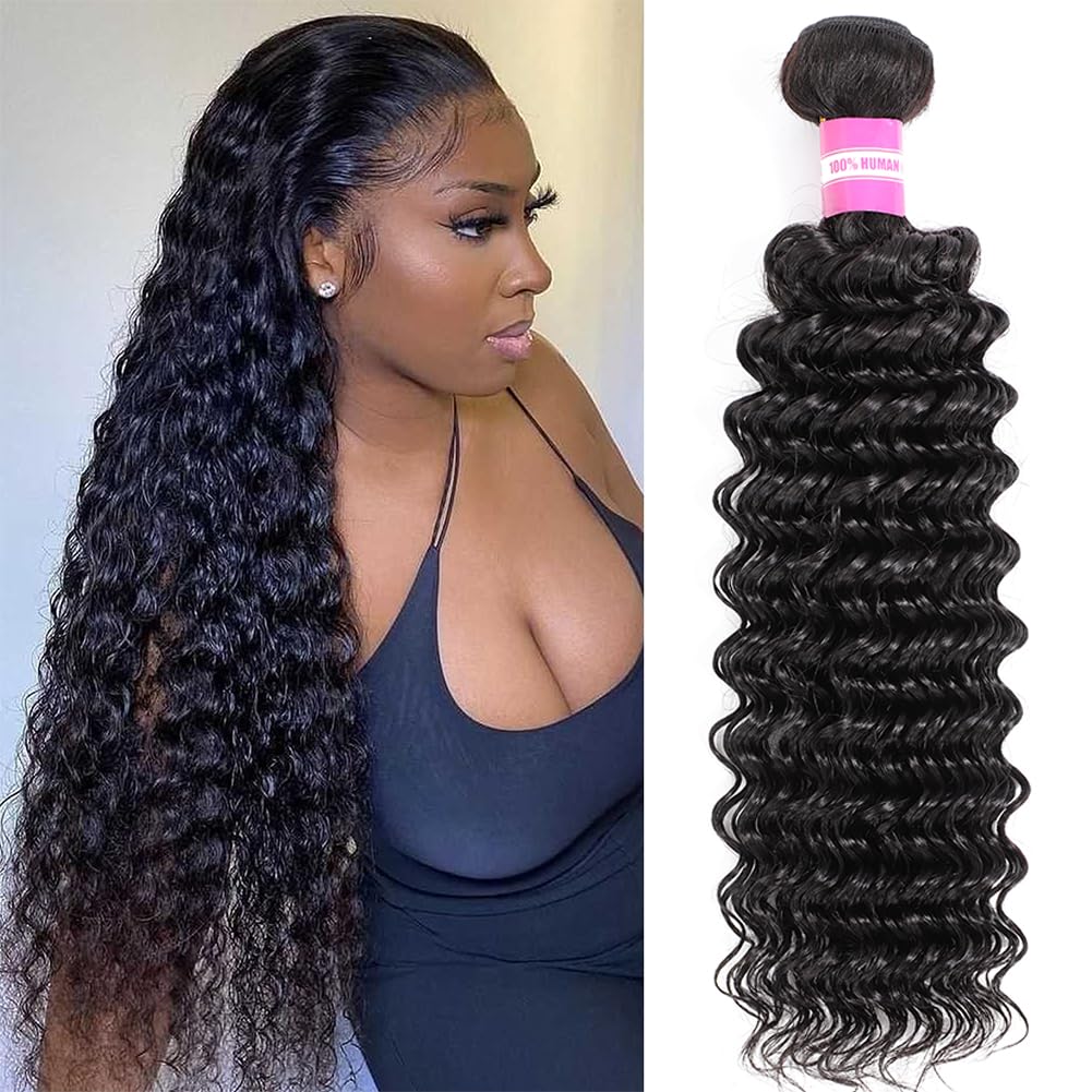 inlovwith Deep Wave Bundles Human Hair 28 Inch 12A Brazilian 100% Unprocessed Virgin Human Hair Bundles Wet and Wavy Human Hair Weave Bundles Natural Black Color Human Hair Extensions