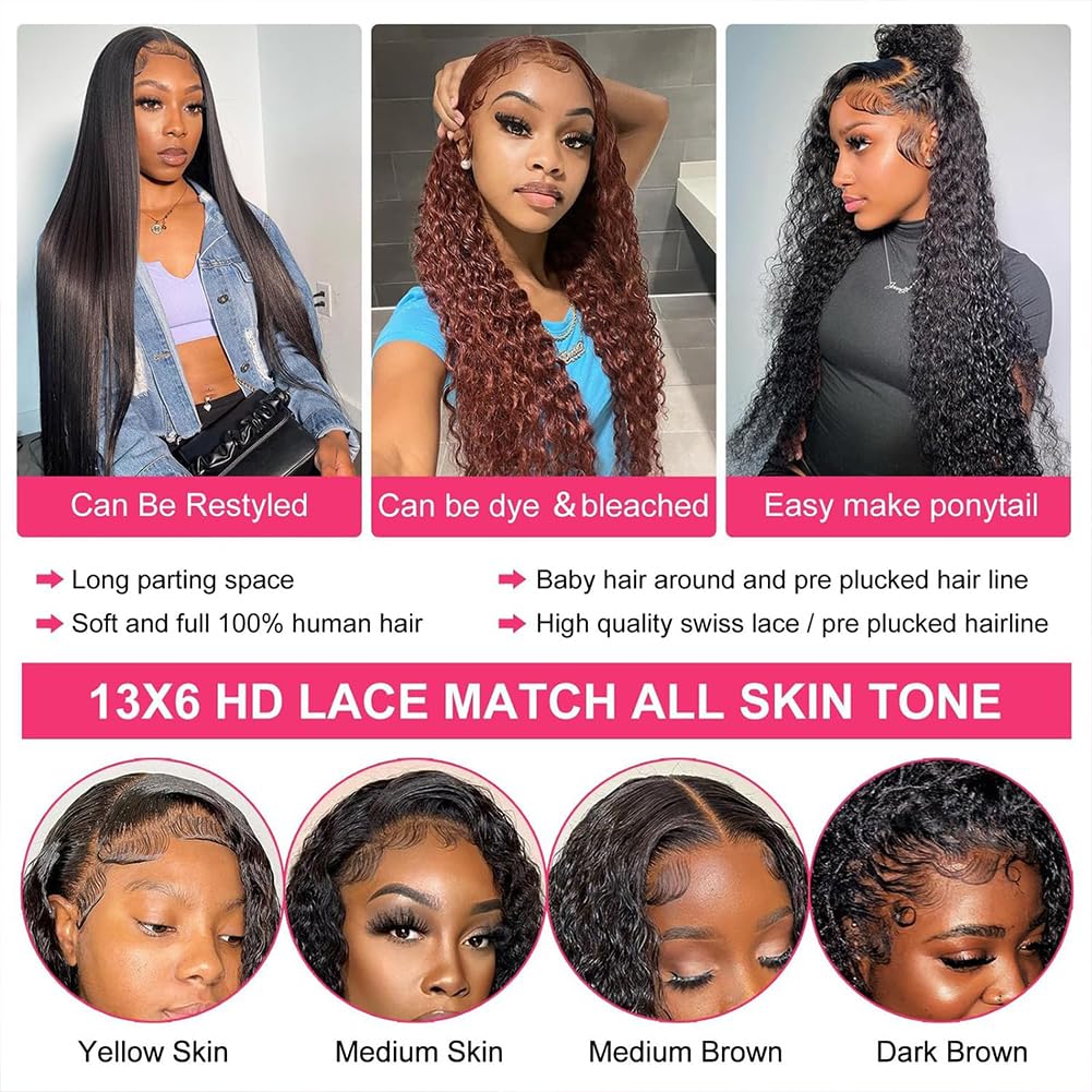 GMNSTAR 13x6 Deep Wave Lace Front Wigs Human Hair Pre Plucked 20 Inch HD Transparent Lace Frontal Curly Wigs Human Hair 200 Density Glueless Deep Curly Human Hair Wigs For Women Natural Black