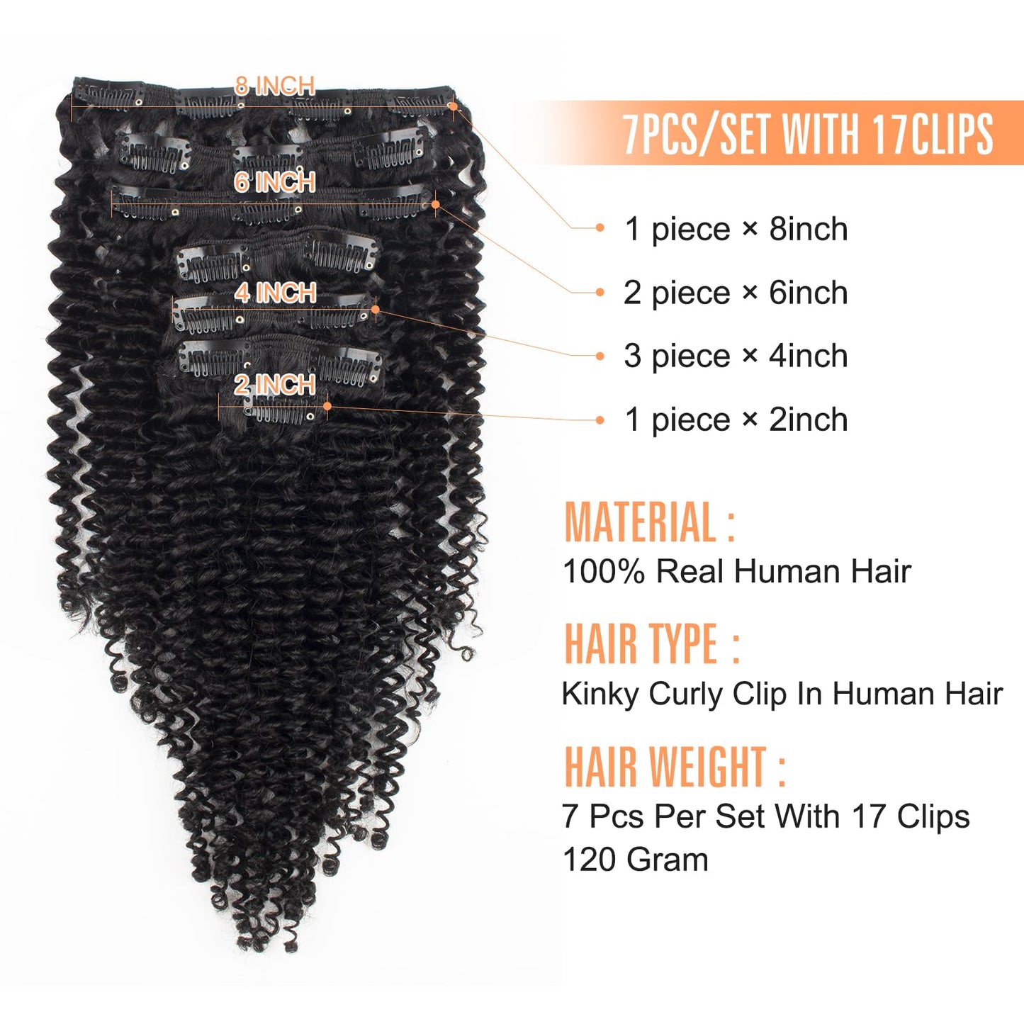 Lovrio Kinky Curly Clip in Hair Extensions, Afro 3C 4A Kinkys Curly Hair Clip ins for Women, Thick Soft 9A Brazilian Remy Human Hair Double Lace Wefts, 7Pcs 120g with 14 Inch