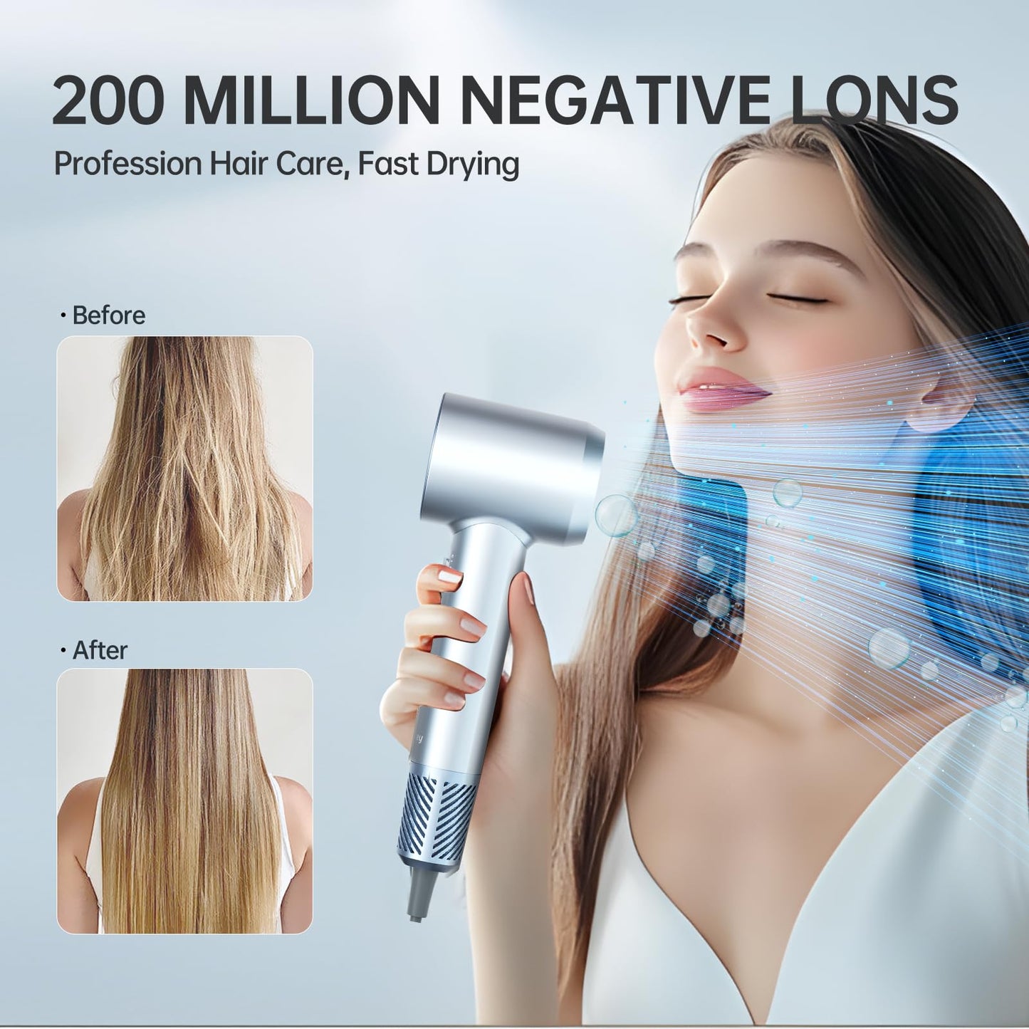 Hair Dryer New Upgrade, 1400 Watt Negative Ion Hair Dryer with Magnetic Nozzle, 110,000 RPM Brushless Motor, Negative Ion Indicator, Fast Dry, 4 Temperatures/2 Speeds, Low Noise for Home Travel,Silver