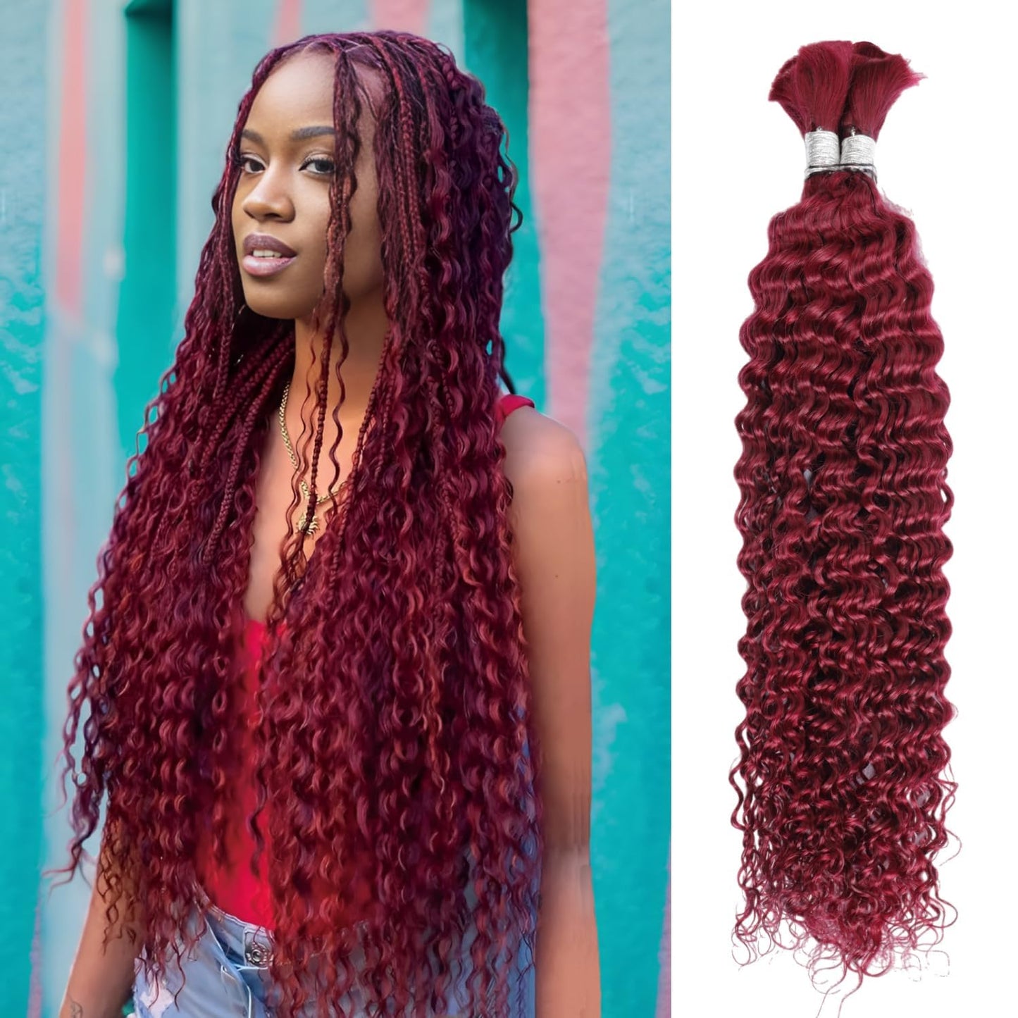 Fabimiya Burgundy Braiding Human Hair 100g 18 Inch 99J Burgundy Deep Water Wave Bulk Human Hair for Braiding No Weft Brazilian Virgin Curly Human Hair Extensions for Boho Braids