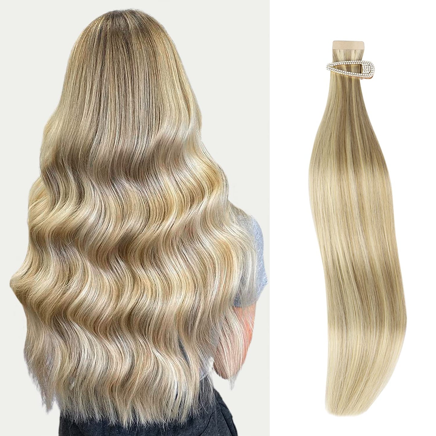 Marat Tape in Hair Extensions, Light Blonde Highlighted Golden Blonde 24 inch 50g Tape in Hair Extensions Real Human Hair Natural Straight Human Hair Tape in Hair Extensions