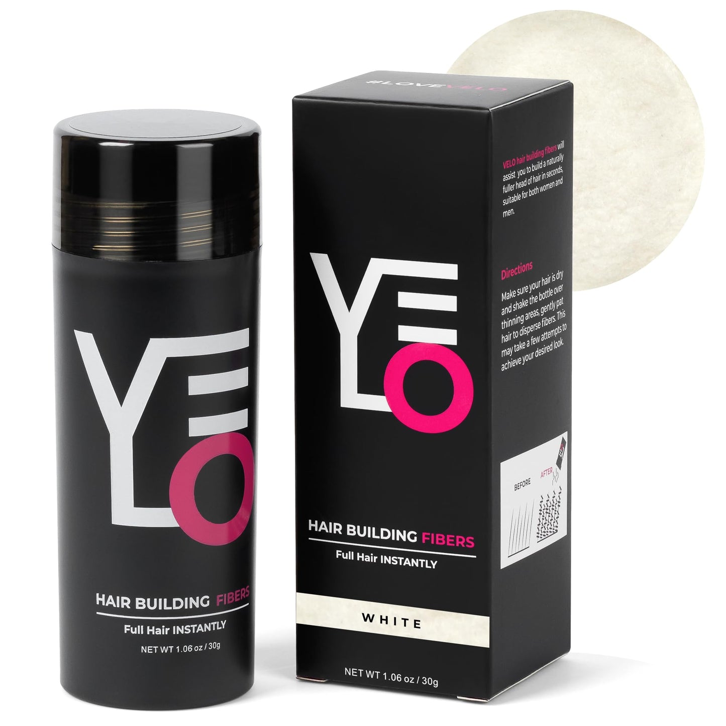 VELO Hair Building Fibers for Thinning Hair, 30g Fill in Fine, Instantly Thicker & Fuller Look, Hair Thickening Fiber, Conceals Hair Loss, Hair Powder for Women & Men, Long Lasting Formula (WHITE)