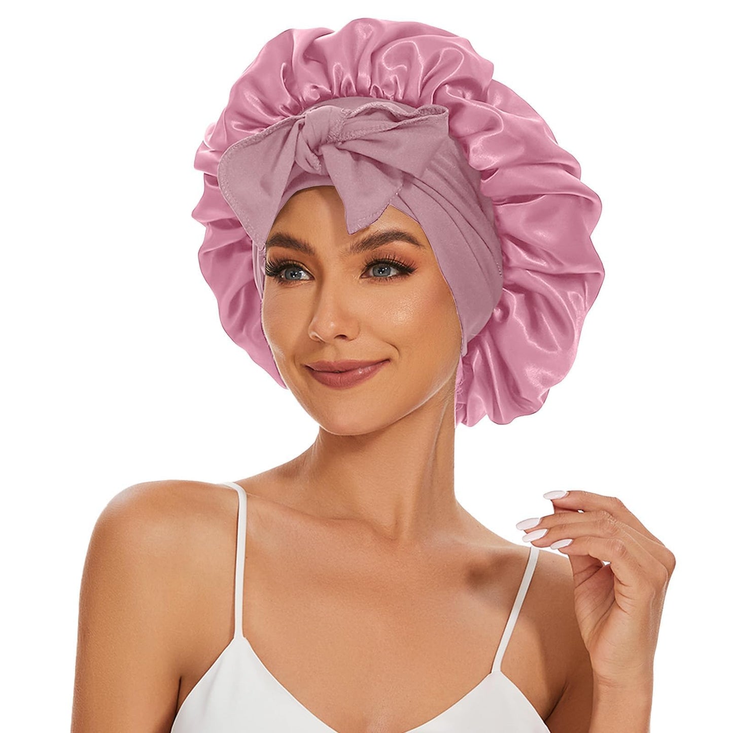 Satin Silk Bonnet Hair Bonnet for Sleeping Jumbo Sleep Cap, Bonnet for Women Curly Hair, Double Layer Bonnet with Tie Band, Shower Cap-Pink