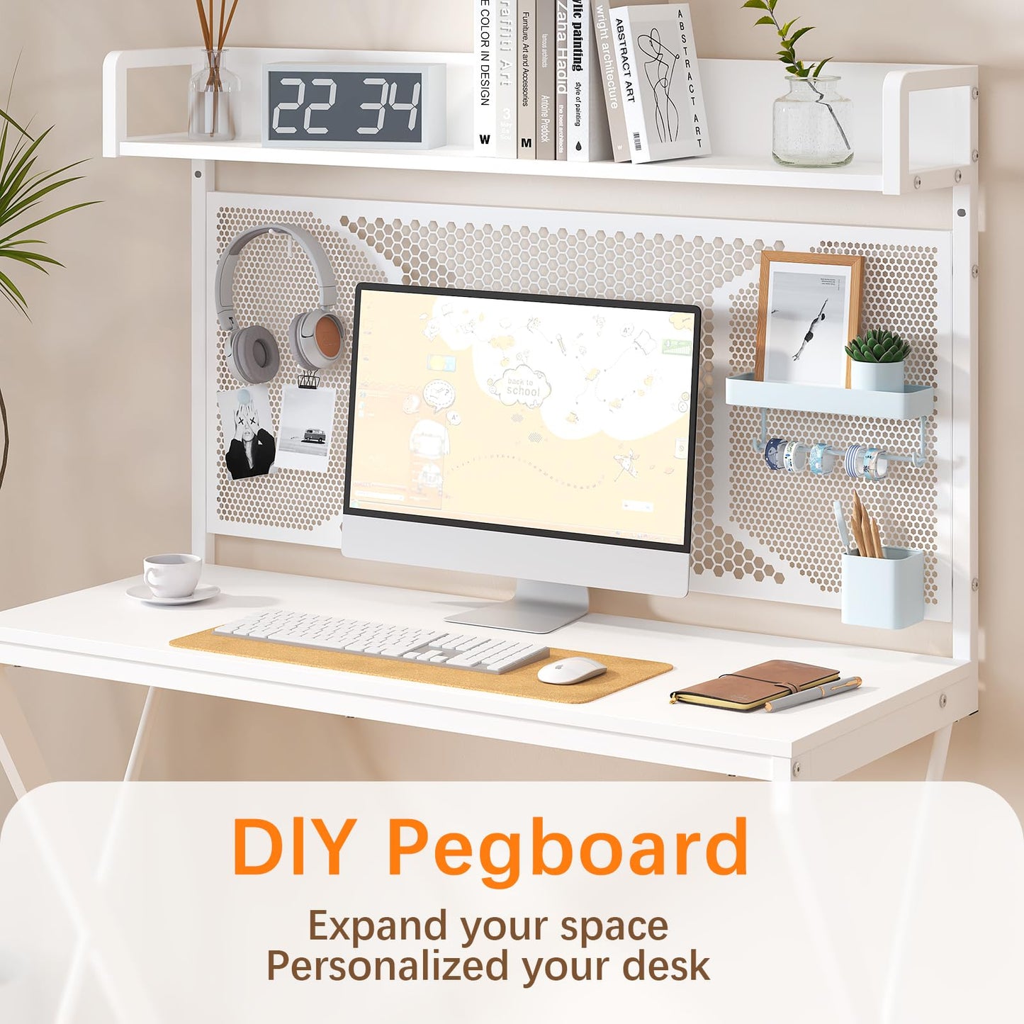 Elephance Computer Desk with Storage Shelves & Pegboard, 39inch Gaming Desk Writing Desk DIY Study Writing Workstation Table, Modern Office Desk for Home Dorm Office, White