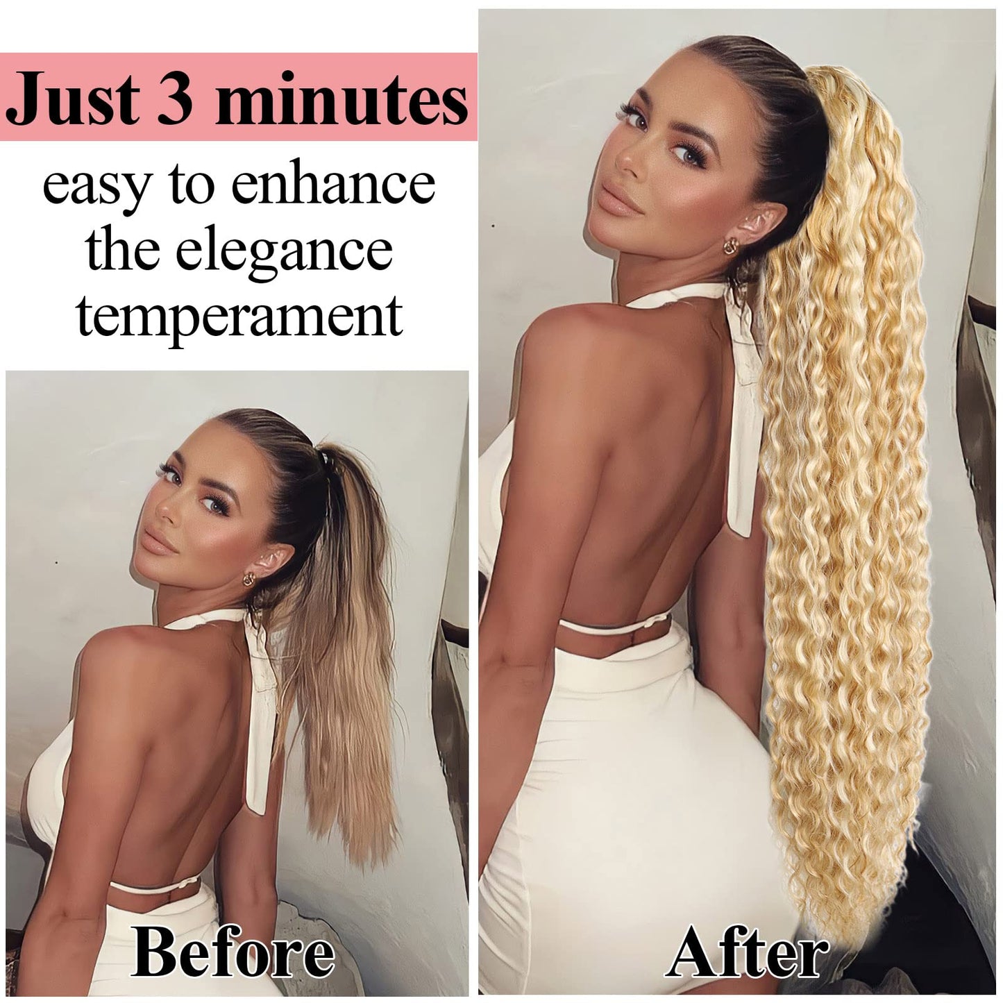 Fashion lcon 30 inch Long Drawstring Ponytail Extensions Highlights Clip in curly Ponytail Hair Extensions Natural Brown Mix Blonde Synthetic Long Drawstring ponytail for Women Blonde(#P18/613)