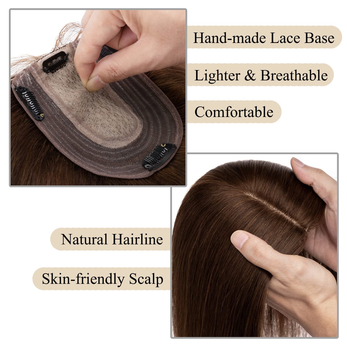 MY-LADY Human Hair Toppers for Women Real Remy Hair 130% Density 10 * 12CM Silk Base No Bangs Clip in Hair Pieces Straight Hairpiece for Thinning Hair 6 Inch #04 Medium Brown